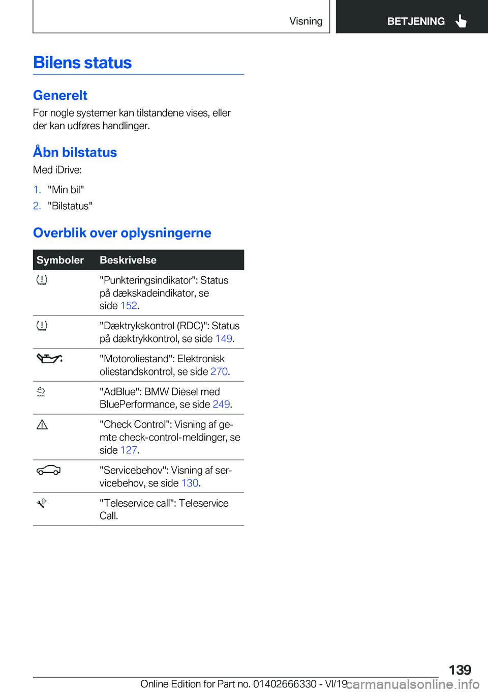 BMW 4 SERIES COUPE 2020  InstruktionsbØger (in Danish) �B�i�l�e�n�s��s�t�a�t�u�s
�G�e�n�e�r�e�l�t
�F�o�r��n�o�g�l�e��s�y�s�t�e�m�e�r��k�a�n��t�i�l�s�t�a�n�d�e�n�e��v�i�s�e�s�,��e�l�l�e�r �d�e�r��k�a�n��u�d�f�