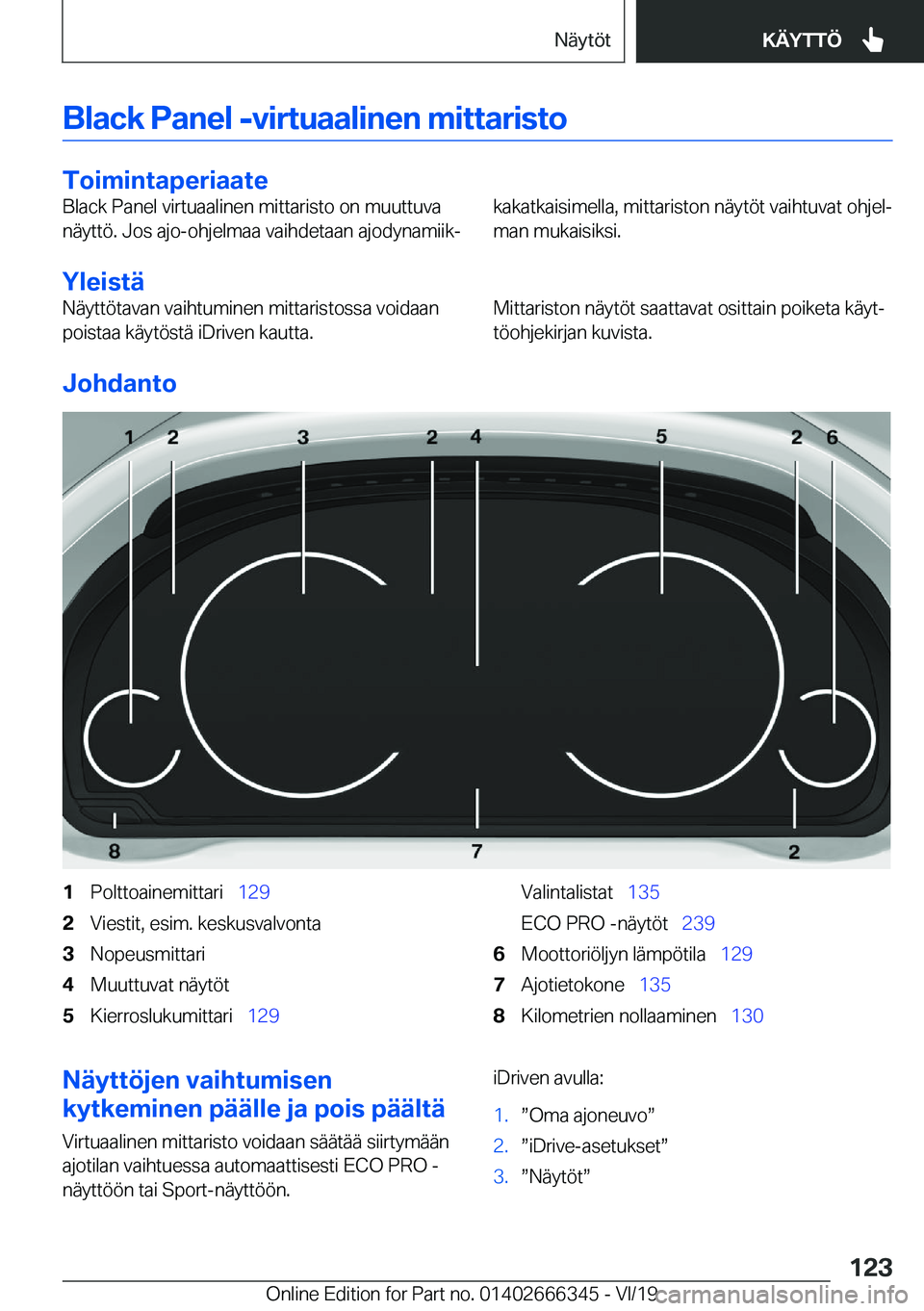 BMW 4 SERIES COUPE 2020  Omistajan Käsikirja (in Finnish) �B�l�a�c�k��P�a�n�e�l��-�v�i�r�t�u�a�a�l�i�n�e�n��m�i�t�t�a�r�i�s�t�o
�T�o�i�m�i�n�t�a�p�e�r�i�a�a�t�e
�B�l�a�c�k��P�a�n�e�l��v�i�r�t�u�a�a�l�i�n�e�n��m�i�t�t�a�r�i�s�t�o��o�n��m�u�u�t�t�u�v�a