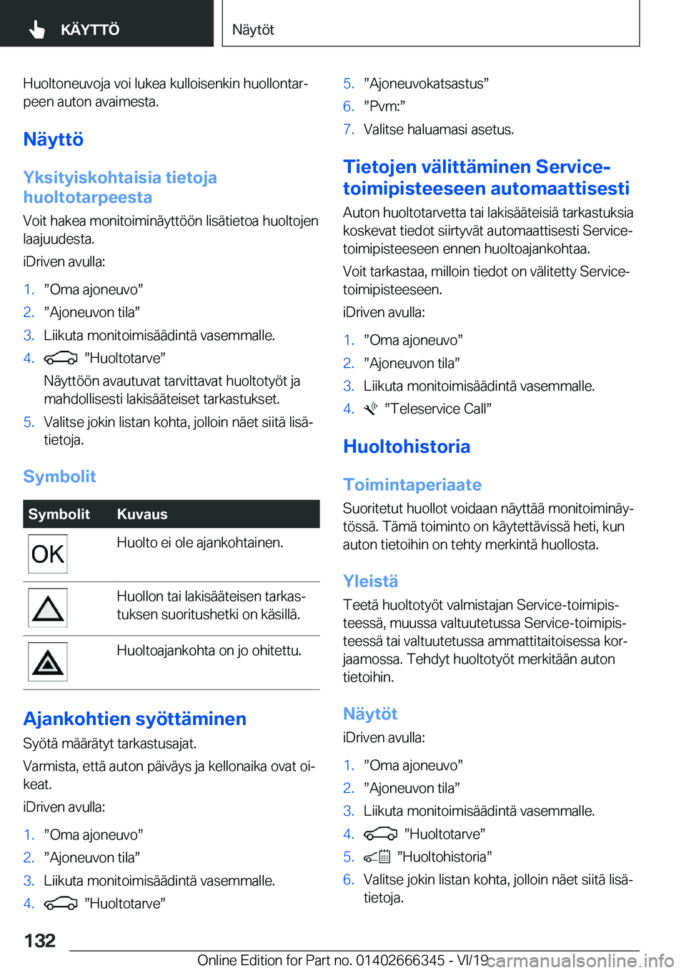 BMW 4 SERIES COUPE 2020  Omistajan Käsikirja (in Finnish) �H�u�o�l�t�o�n�e�u�v�o�j�a��v�o�i��l�u�k�e�a��k�u�l�l�o�i�s�e�n�k�i�n��h�u�o�l�l�o�n�t�a�rj�p�e�e�n��a�u�t�o�n��a�v�a�i�m�e�s�t�a�.
�N�