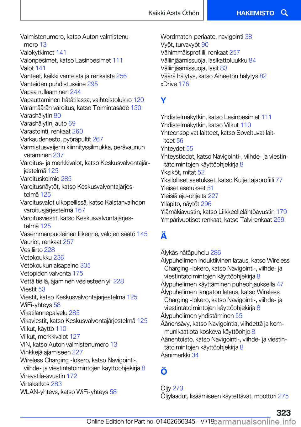 BMW 4 SERIES COUPE 2020  Omistajan Käsikirja (in Finnish) �V�a�l�m�i�s�t�e�n�u�m�e�r�o�,��k�a�t�s�o��A�u�t�o�n��v�a�l�m�i�s�t�e�n�uj�m�e�r�o� �1�3�
�V�a�l�o�k�y�t�k�i�m�e�t� �1�4�1�
�V�a�l�o�n�p�e�s�i�m�e�t�,��k�a�t�s�o��L�a�s�i�n�p�e�s�i�m�e�t� �