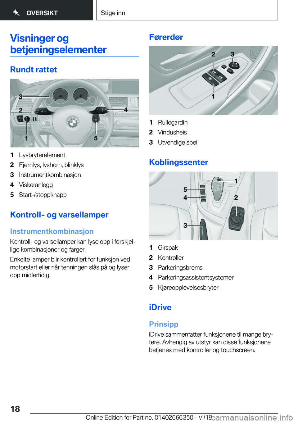 BMW 4 SERIES COUPE 2020  InstruksjonsbØker (in Norwegian) �V�i�s�n�i�n�g�e�r��o�g
�b�e�t�j�e�n�i�n�g�s�e�l�e�m�e�n�t�e�r
�R�u�n�d�t��r�a�t�t�e�t
�1�L�y�s�b�r�y�t�e�r�e�l�e�m�e�n�t�2�F�j�e�r�n�l�y�s�,��l�y�s�h�o�r�n�,��b�l�i�n�k�l�y�s�3�I�n�s�t�r�u�m�e�n�