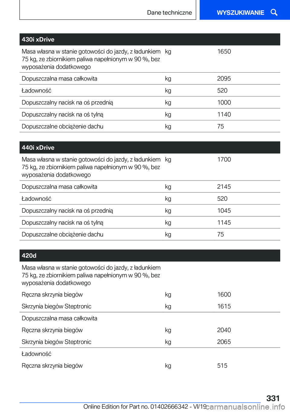 BMW 4 SERIES COUPE 2020  Instrukcja obsługi (in Polish) �4�3�0�i��x�D�r�i�v�e�M�a�s�a��w�ł�a�s�n�a��w��s�t�a�n�i�e��g�o�t�o�w�o�c�i��d�o��j�a�z�d�y�,��z��ł�a�d�u�n�k�i�e�m
�7�5��k�g�,��z�e��z�b�i�o�r�n�i�k�i�e�m��p�a�l�i�w�a��n�a�p�e�ł�n