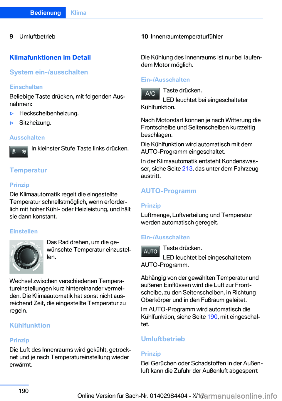 BMW 4 SERIES COUPE 2018  Betriebsanleitungen (in German) �9�U�m�l�u�f�t�b�e�t�r�i�e�b�1�0�I�n�n�e�n�r�a�u�m�t�e�m�p�e�r�a�t�u�r�f�