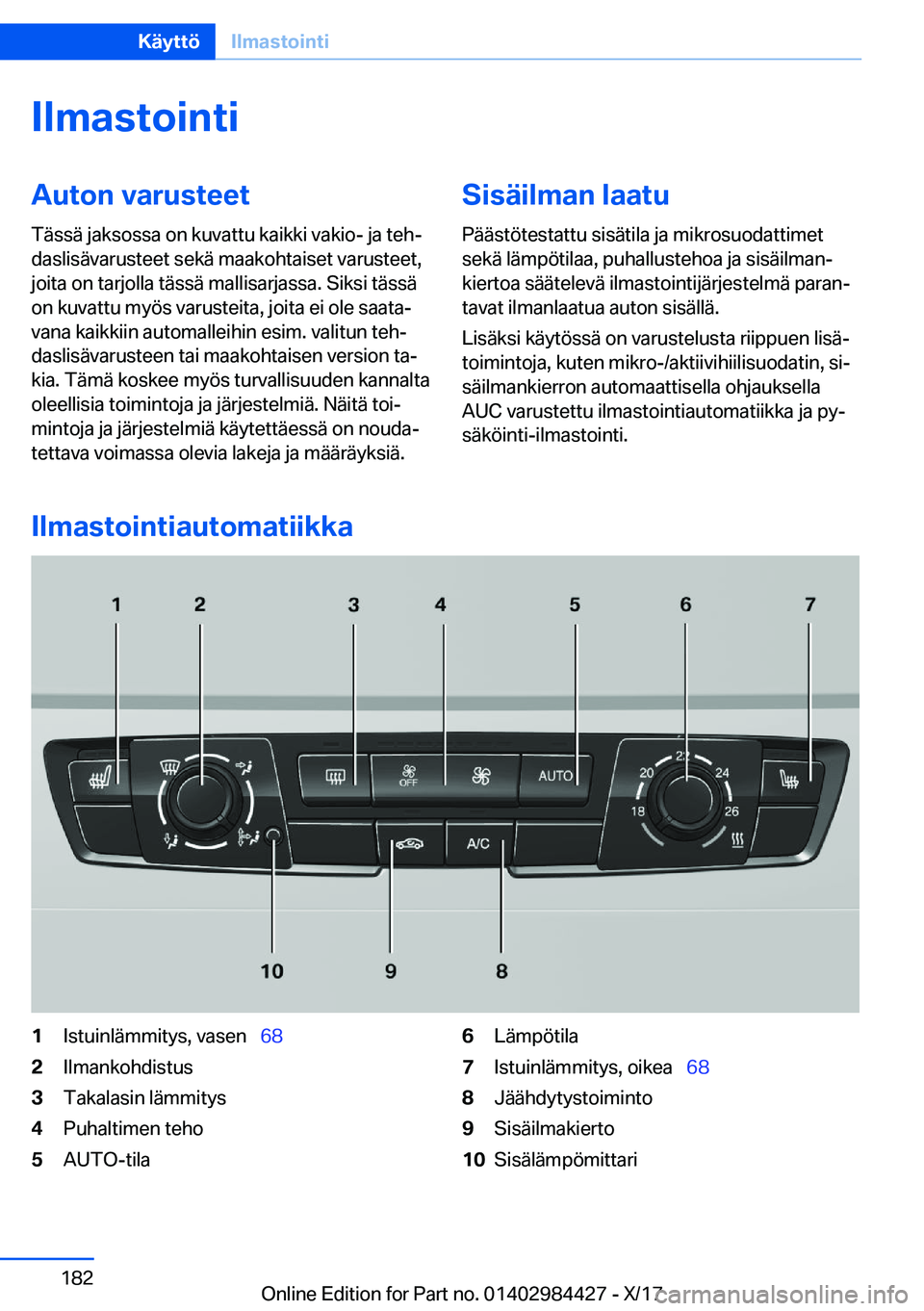 BMW 4 SERIES COUPE 2018  Omistajan Käsikirja (in Finnish) �I�l�m�a�s�t�o�i�n�t�i�A�u�t�o�n��v�a�r�u�s�t�e�e�t
�T�
