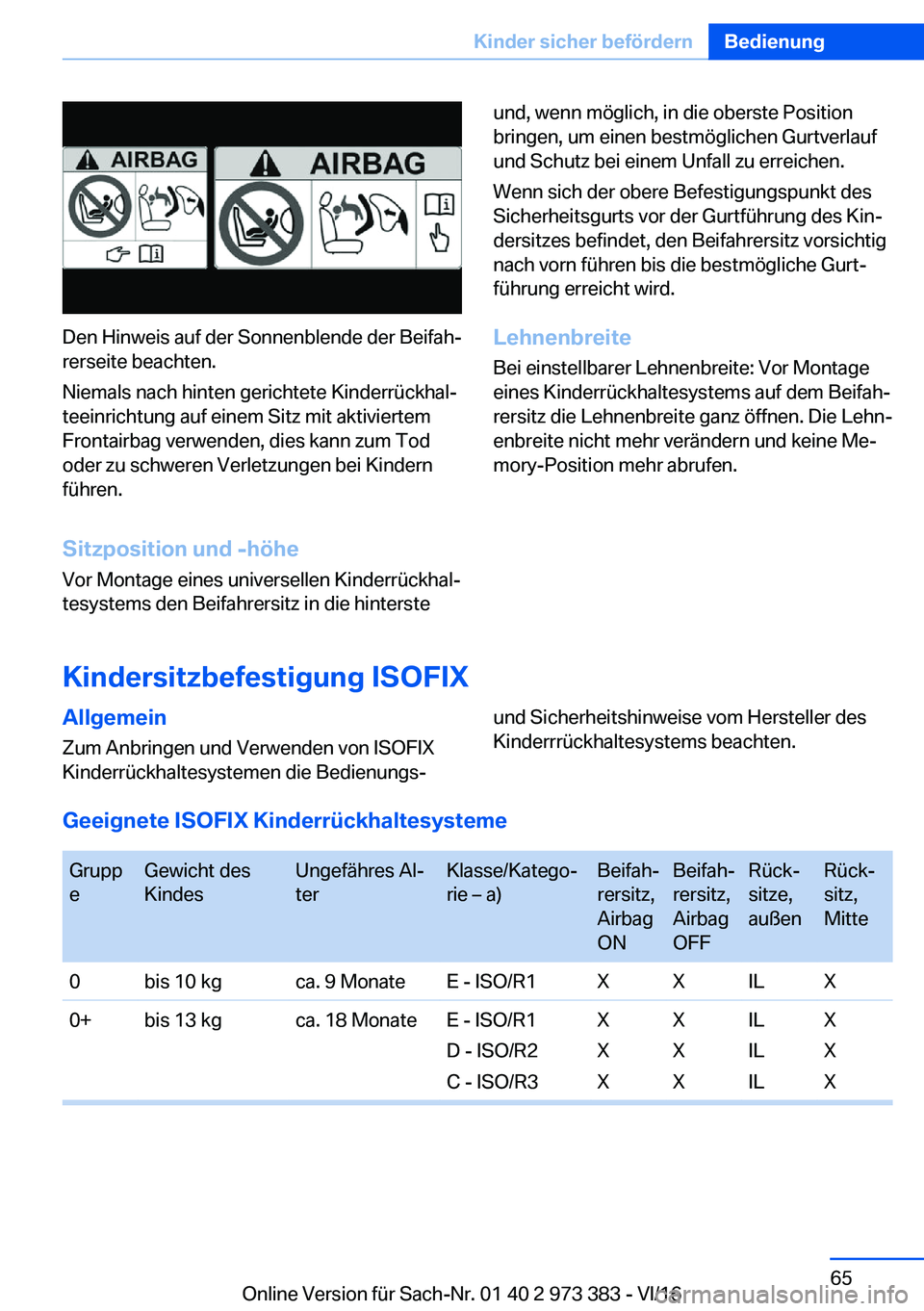 BMW 4 SERIES COUPE 2017  Betriebsanleitungen (in German) �D�e�n� �H�i�n�w�e�i�s� �a�u�f� �d�e�r� �S�o�n�n�e�n�b�l�e�n�d�e� �d�e�r� �B�e�i�f�a�hj�r�e�r�s�e�i�t�e� �b�e�a�c�h�t�e�n�.
�N�i�e�m�a�l�s� �n�a�c�h� �h�i�n�t�e�n� �g�e�r�i�c�h�t�e�t�e� �K�i�n�d�e�r�