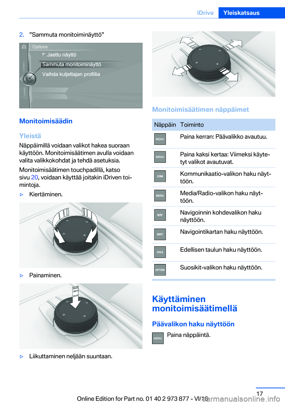 BMW 4 SERIES COUPE 2017  Omistajan Käsikirja (in Finnish) �2�.w�S�a�m�m�u�t�a� �m�o�n�i�t�o�i�m�i�n�