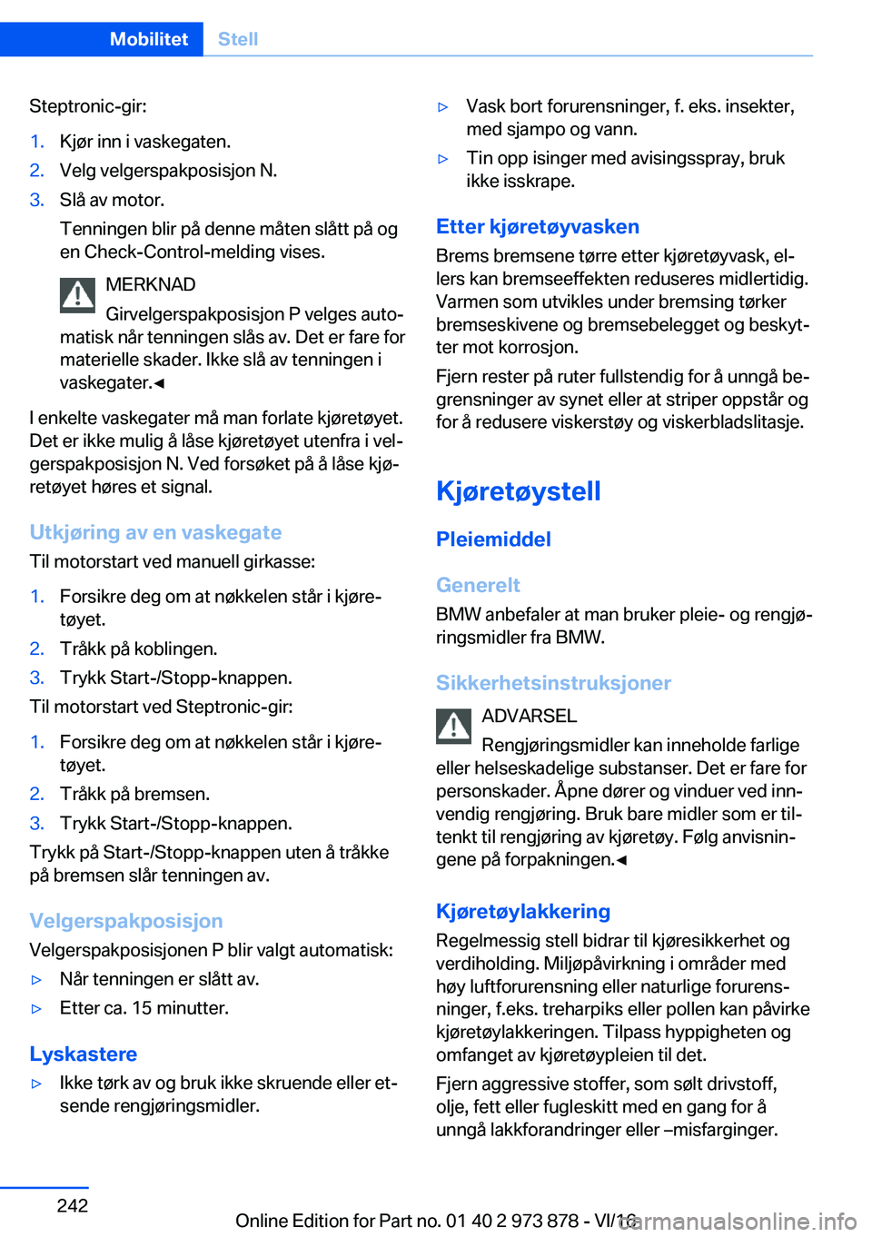 BMW 4 SERIES COUPE 2017  InstruksjonsbØker (in Norwegian) �S�t�e�p�t�r�o�n�i�c�-�g�i�r�:�1�.�K�j�