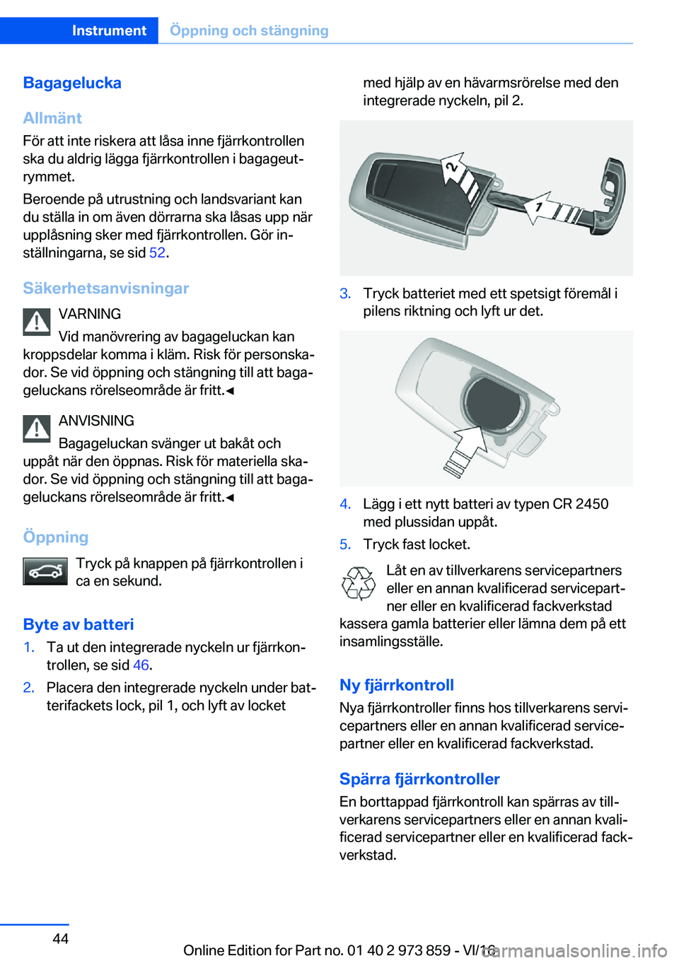 BMW 4 SERIES COUPE 2017  InstruktionsbÖcker (in Swedish) �B�a�g�a�g�e�l�u�c�k�a
�A�l�l�m�ä�n�t
�F�