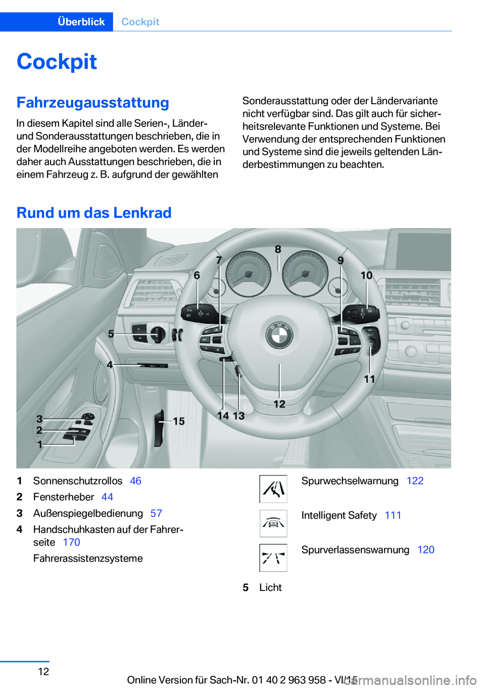 BMW 4 SERIES COUPE 2016 Betriebsanleitungen (in German) CockpitFahrzeugausstattung
In diesem Kapitel sind alle Serien-, Länder-
und Sonderausstattungen beschrieben, die in
der Modellreihe angeboten werden. Es werden
daher auch Ausstattungen beschrieben, d BMW 4 SERIES COUPE 2016 Betriebsanleitungen (in German) CockpitFahrzeugausstattung
In diesem Kapitel sind alle Serien-, Länder-
und Sonderausstattungen beschrieben, die in
der Modellreihe angeboten werden. Es werden
daher auch Ausstattungen beschrieben, d