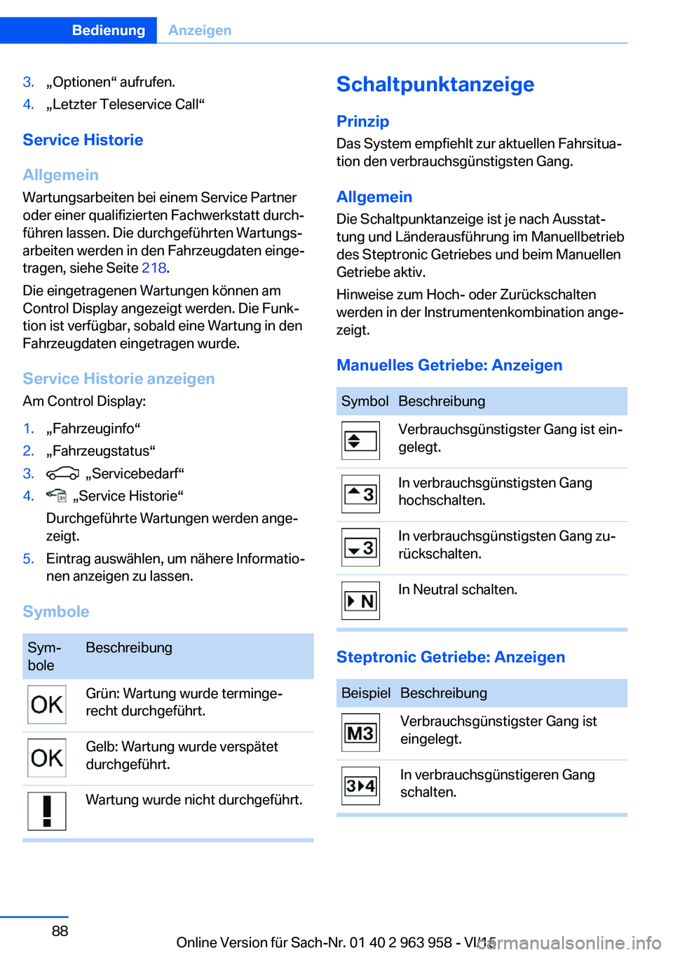 BMW 4 SERIES COUPE 2016 Betriebsanleitungen (in German) 3.„Optionen“ aufrufen.4.„Letzter Teleservice Call“
Service Historie
Allgemein Wartungsarbeiten bei einem Service Partner
oder einer qualifizierten Fachwerkstatt durch‐
führen lassen. Die du BMW 4 SERIES COUPE 2016 Betriebsanleitungen (in German) 3.„Optionen“ aufrufen.4.„Letzter Teleservice Call“
Service Historie
Allgemein Wartungsarbeiten bei einem Service Partner
oder einer qualifizierten Fachwerkstatt durch‐
führen lassen. Die du