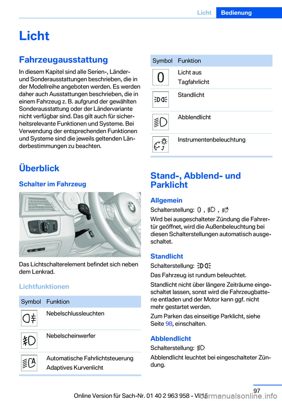 BMW 4 SERIES COUPE 2016 Betriebsanleitungen (in German) LichtFahrzeugausstattung
In diesem Kapitel sind alle Serien-, Länder-
und Sonderausstattungen beschrieben, die in
der Modellreihe angeboten werden. Es werden
daher auch Ausstattungen beschrieben, die BMW 4 SERIES COUPE 2016 Betriebsanleitungen (in German) LichtFahrzeugausstattung
In diesem Kapitel sind alle Serien-, Länder-
und Sonderausstattungen beschrieben, die in
der Modellreihe angeboten werden. Es werden
daher auch Ausstattungen beschrieben, die