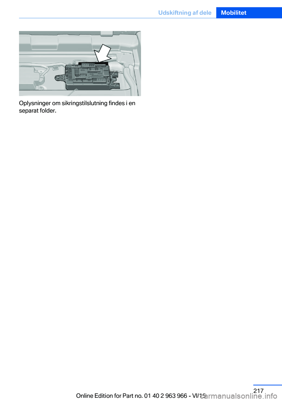 BMW 4 SERIES COUPE 2016  InstruktionsbØger (in Danish) Oplysninger om sikringstilslutning findes i en
separat folder.
Seite 217Udskiftning af deleMobilitet217
Online Edition for Part no. 01 40 2 963 966 - VI/15 