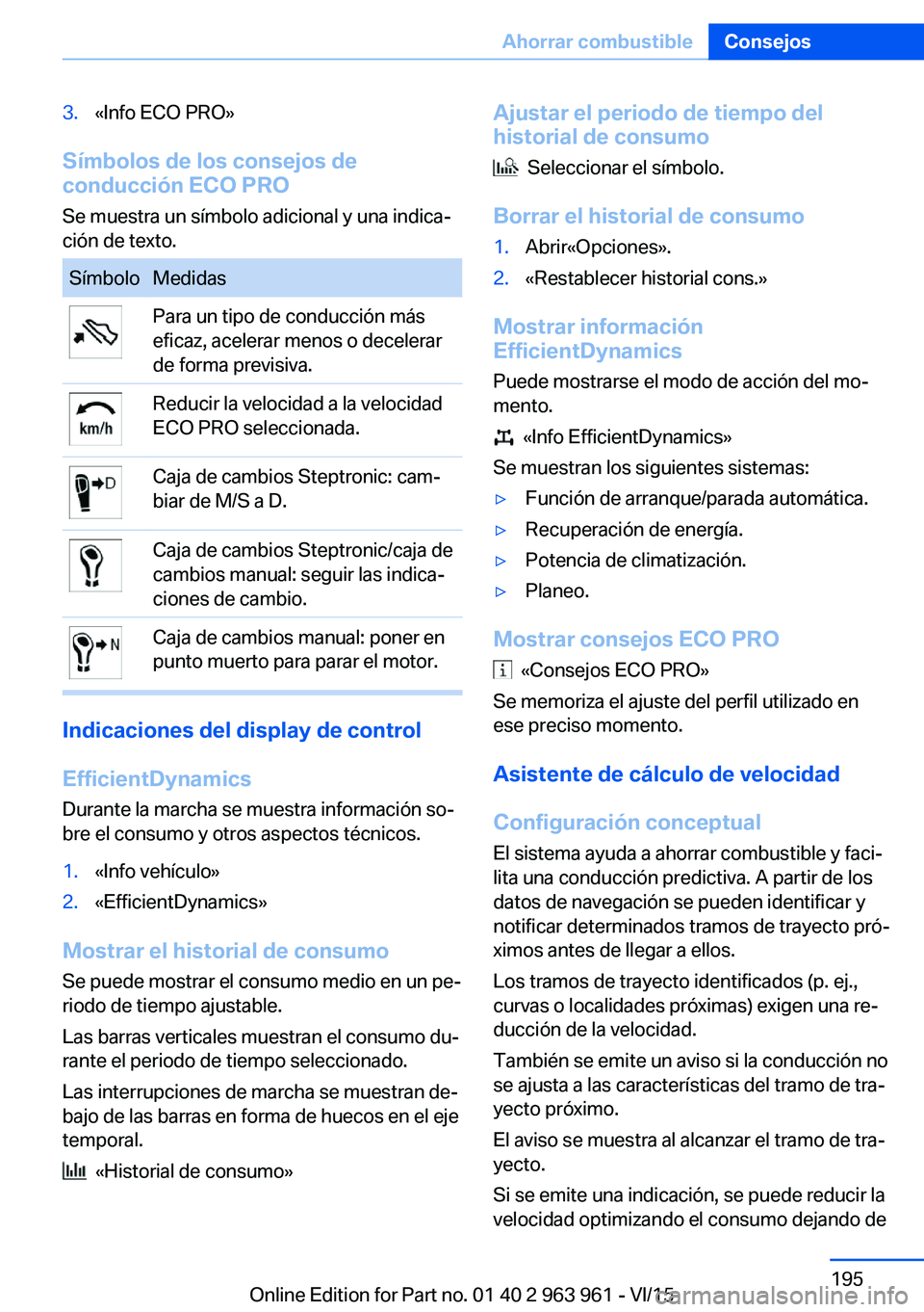 BMW 4 SERIES COUPE 2016 Manuales de Empleo (in Spanish) 3.«Info ECO PRO»
Símbolos de los consejos de
conducción ECO PRO
Se muestra un símbolo adicional y una indica‐
ción de texto.
SímboloMedidasPara un tipo de conducción más
eficaz, acelerar me BMW 4 SERIES COUPE 2016 Manuales de Empleo (in Spanish) 3.«Info ECO PRO»
Símbolos de los consejos de
conducción ECO PRO
Se muestra un símbolo adicional y una indica‐
ción de texto.
SímboloMedidasPara un tipo de conducción más
eficaz, acelerar me