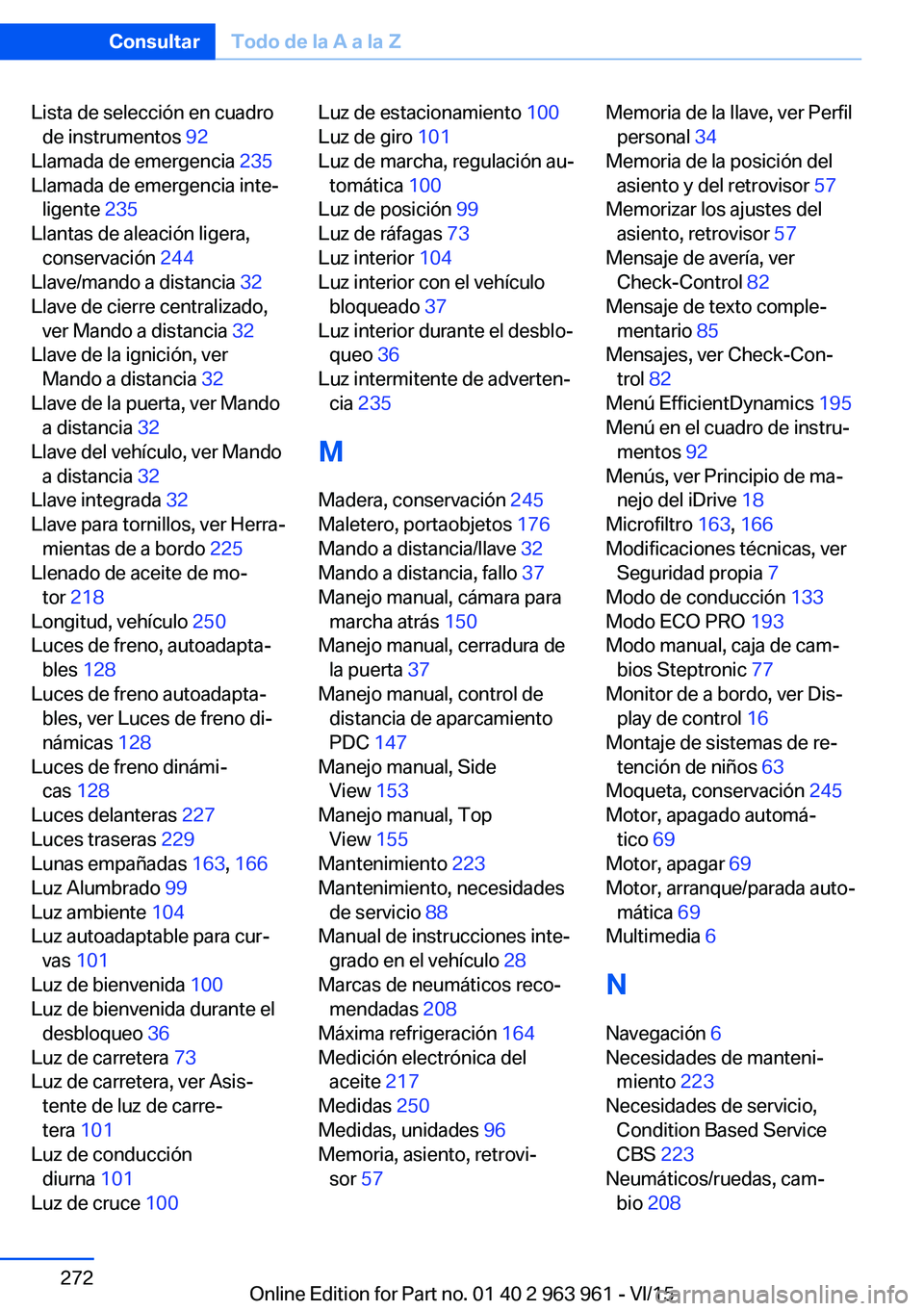 BMW 4 SERIES COUPE 2016 Manuales de Empleo (in Spanish) Lista de selección en cuadrode instrumentos 92
Llamada de emergencia 235
Llamada de emergencia inte‐ ligente 235
Llantas de aleación ligera, conservación 244
Llave/mando a distancia 32
BMW 4 SERIES COUPE 2016 Manuales de Empleo (in Spanish) Lista de selección en cuadrode instrumentos 92
Llamada de emergencia 235
Llamada de emergencia inte‐ ligente 235
Llantas de aleación ligera, conservación 244
Llave/mando a distancia 32