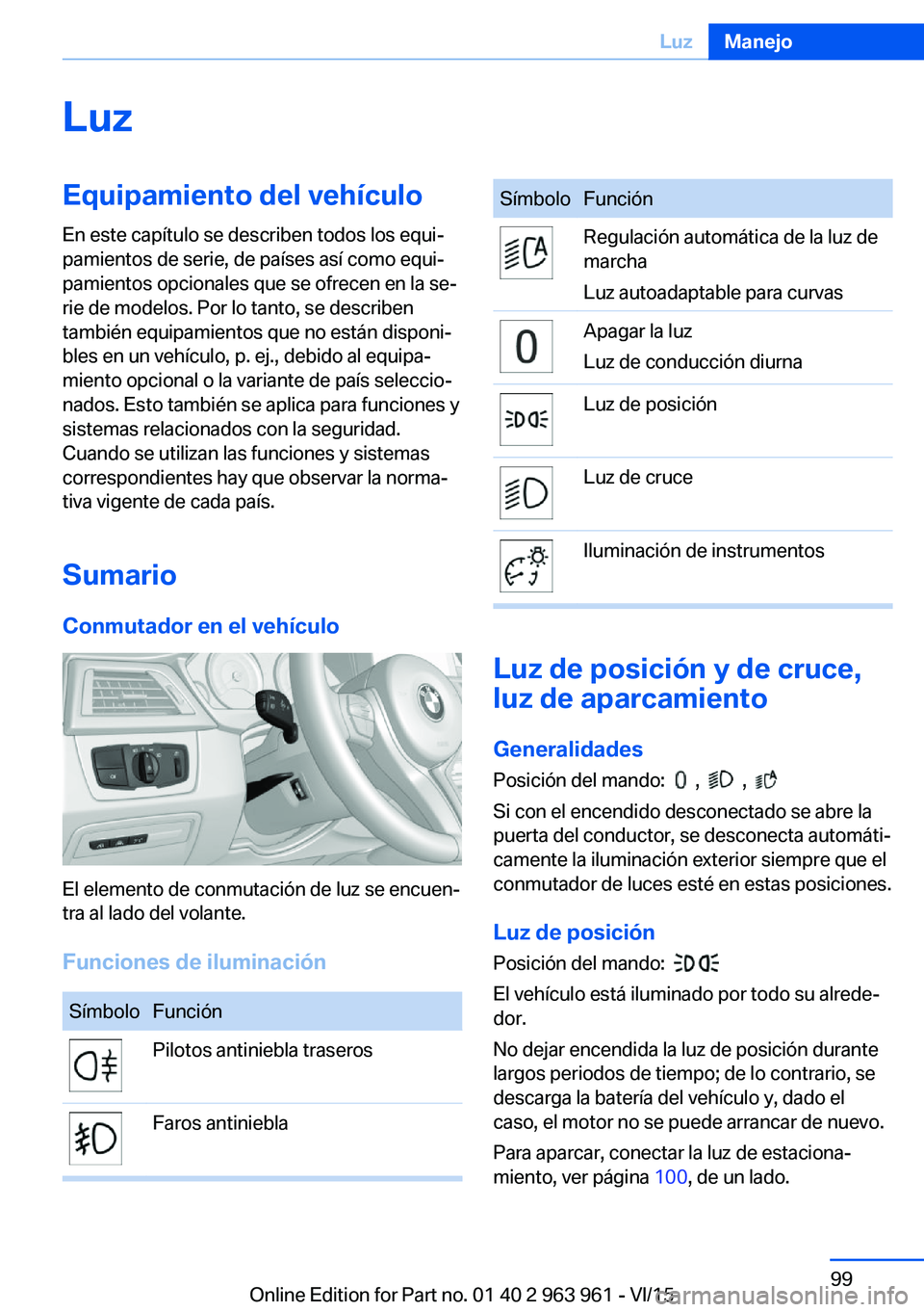 BMW 4 SERIES COUPE 2016  Manuales de Empleo (in Spanish) LuzEquipamiento del vehículoEn este capítulo se describen todos los equi‐
pamientos de serie, de países así como equi‐
pamientos opcionales que se ofrecen en la se‐
rie de modelos. Por lo ta