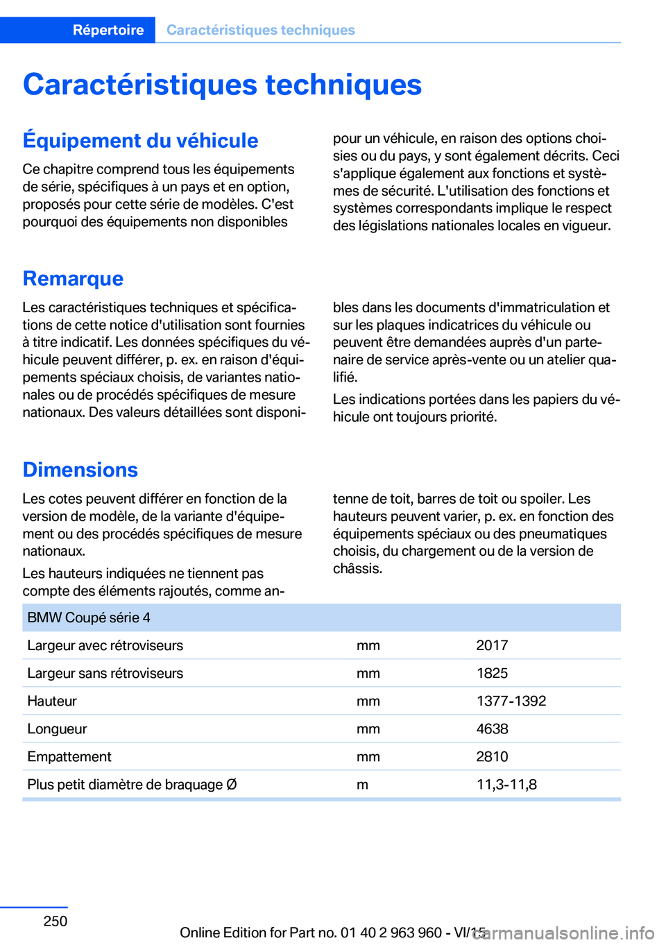 BMW 4 SERIES COUPE 2016  Notices Demploi (in French) Caractéristiques techniquesÉquipement du véhiculeCe chapitre comprend tous les équipements
de série, spécifiques à un pays et en option,
proposés pour cette série de modèles. C'est
pourq