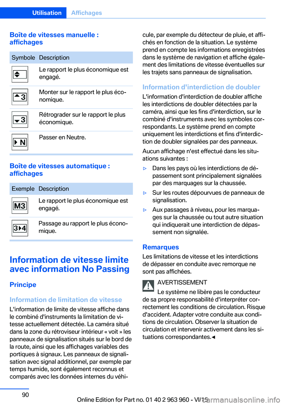 BMW 4 SERIES COUPE 2016 Notices Demploi (in French) Boîte de vitesses manuelle :
affichagesSymboleDescriptionLe rapport le plus économique est
engagé.Monter sur le rapport le plus éco‐
nomique.Rétrograder sur le rapport le plus
économique.Passe BMW 4 SERIES COUPE 2016 Notices Demploi (in French) Boîte de vitesses manuelle :
affichagesSymboleDescriptionLe rapport le plus économique est
engagé.Monter sur le rapport le plus éco‐
nomique.Rétrograder sur le rapport le plus
économique.Passe