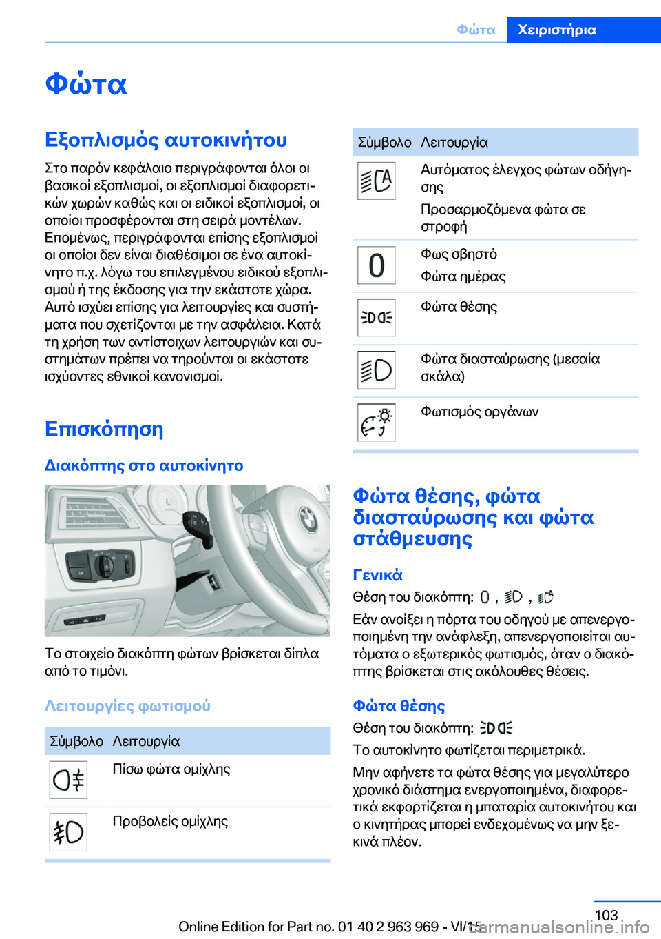 BMW 4 SERIES COUPE 2016 ΟΔΗΓΌΣ ΧΡΉΣΗΣ (in Greek) ΦώταΕξοπλισμός αυτοκινήτουΣτο παρόν κεφάλαιο περιγράφονται όλοι οι
βασικοί εξοπλισμοί, οι εξοπλισμοί διαφο BMW 4 SERIES COUPE 2016 ΟΔΗΓΌΣ ΧΡΉΣΗΣ (in Greek) ΦώταΕξοπλισμός αυτοκινήτουΣτο παρόν κεφάλαιο περιγράφονται όλοι οι
βασικοί εξοπλισμοί, οι εξοπλισμοί διαφο