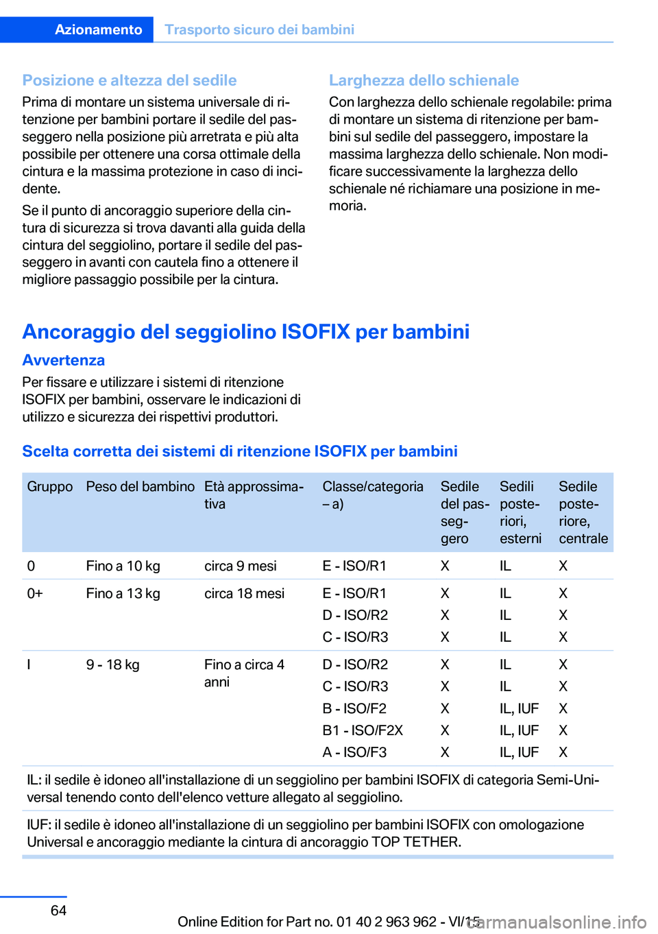BMW 4 SERIES COUPE 2016  Libretti Di Uso E manutenzione (in Italian) Posizione e altezza del sedilePrima di montare un sistema universale di ri‐
tenzione per bambini portare il sedile del pas‐
seggero nella posizione più arretrata e più alta
possibile per ottener
