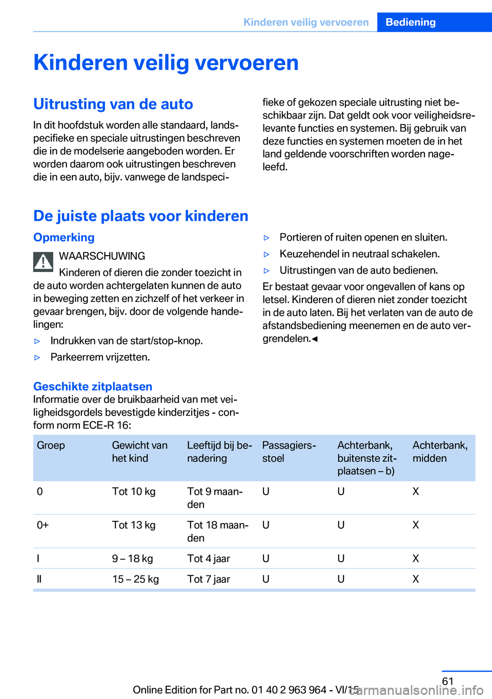 BMW 4 SERIES COUPE 2016 Instructieboekjes (in Dutch) Kinderen veilig vervoerenUitrusting van de autoIn dit hoofdstuk worden alle standaard, lands‐
pecifieke en speciale uitrustingen beschreven
die in de modelserie aangeboden worden. Er
worden daarom o BMW 4 SERIES COUPE 2016 Instructieboekjes (in Dutch) Kinderen veilig vervoerenUitrusting van de autoIn dit hoofdstuk worden alle standaard, lands‐
pecifieke en speciale uitrustingen beschreven
die in de modelserie aangeboden worden. Er
worden daarom o