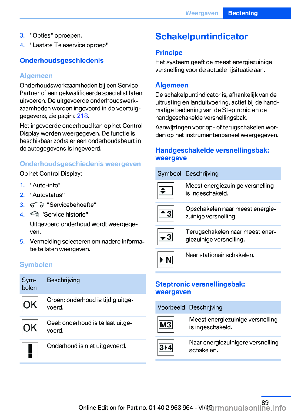 BMW 4 SERIES COUPE 2016 Instructieboekjes (in Dutch) 3."Opties" oproepen.4."Laatste Teleservice oproep"
Onderhoudsgeschiedenis
Algemeen
Onderhoudswerkzaamheden bij een Service
Partner of een gekwalificeerde specialist laten
uitvoeren. De BMW 4 SERIES COUPE 2016 Instructieboekjes (in Dutch) 3."Opties" oproepen.4."Laatste Teleservice oproep"
Onderhoudsgeschiedenis
Algemeen
Onderhoudswerkzaamheden bij een Service
Partner of een gekwalificeerde specialist laten
uitvoeren. De