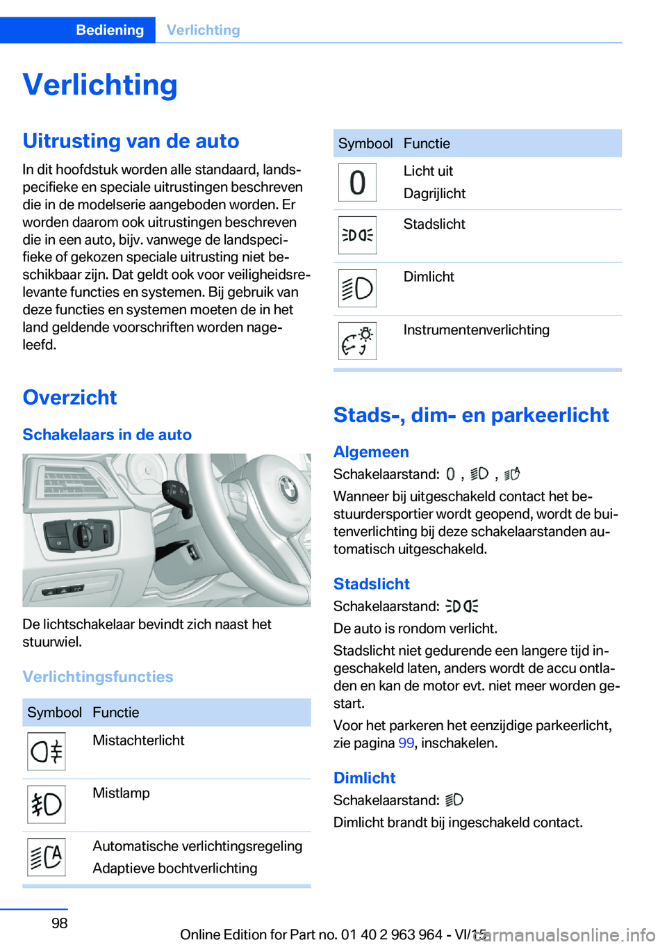 BMW 4 SERIES COUPE 2016 Instructieboekjes (in Dutch) VerlichtingUitrusting van de autoIn dit hoofdstuk worden alle standaard, lands‐
pecifieke en speciale uitrustingen beschreven
die in de modelserie aangeboden worden. Er
worden daarom ook uitrustinge BMW 4 SERIES COUPE 2016 Instructieboekjes (in Dutch) VerlichtingUitrusting van de autoIn dit hoofdstuk worden alle standaard, lands‐
pecifieke en speciale uitrustingen beschreven
die in de modelserie aangeboden worden. Er
worden daarom ook uitrustinge