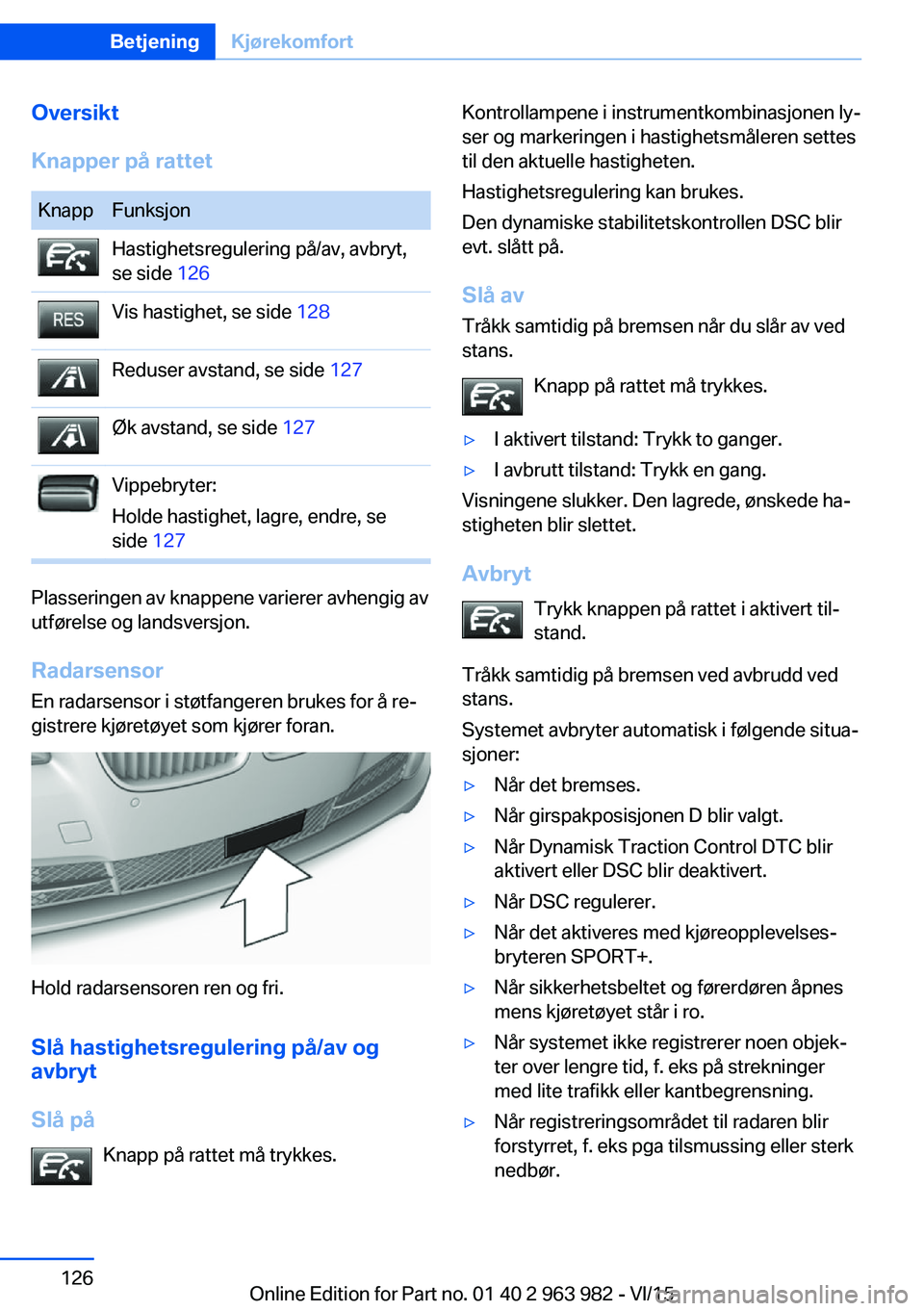BMW 4 SERIES COUPE 2016 InstruksjonsbØker (in Norwegian) Oversikt
Knapper på rattetKnappFunksjonHastighetsregulering på/av, avbryt,
se side 126Vis hastighet, se side 128Reduser avstand, se side 127Øk avstand, se side 127Vippebryter:
Holde hastighet, l BMW 4 SERIES COUPE 2016 InstruksjonsbØker (in Norwegian) Oversikt
Knapper på rattetKnappFunksjonHastighetsregulering på/av, avbryt,
se side 126Vis hastighet, se side 128Reduser avstand, se side 127Øk avstand, se side 127Vippebryter:
Holde hastighet, l