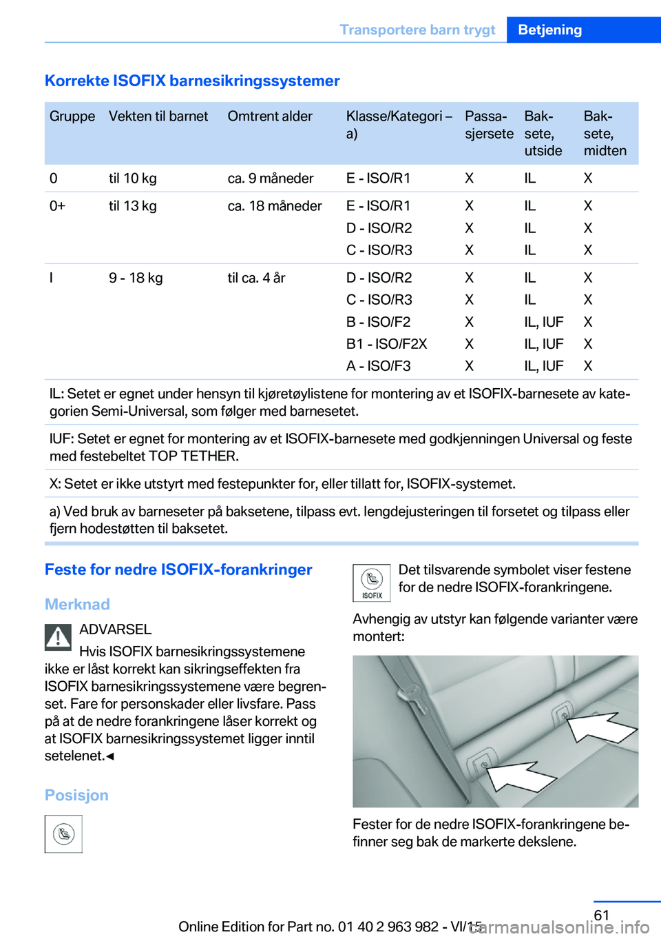 BMW 4 SERIES COUPE 2016  InstruksjonsbØker (in Norwegian) Korrekte ISOFIX barnesikringssystemer GruppeVekten til barnetOmtrent alderKlasse/Kategori –
a)Passa‐
sjerseteBak‐
sete,
utsideBak‐
sete,
midten0til 10 kgca. 9 månederE - ISO/R1XILX0+til 13 kg