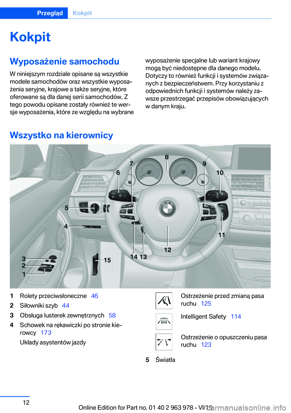 BMW 4 SERIES COUPE 2016  Instrukcja obsługi (in Polish) KokpitWyposażenie samochoduW niniejszym rozdziale opisane są wszystkie
modele samochodów oraz wszystkie wyposa‐
żenia seryjne, krajowe a także seryjne, które
oferowane są dla danej serii samo