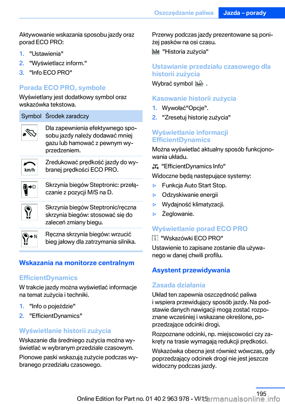 BMW 4 SERIES COUPE 2016  Instrukcja obsługi (in Polish) Aktywowanie wskazania sposobu jazdy oraz
porad ECO PRO:1."Ustawienia"2."Wyświetlacz inform."3."Info ECO PRO"
Porada ECO PRO, symbole
Wyświetlany jest dodatkowy symbol oraz
ws