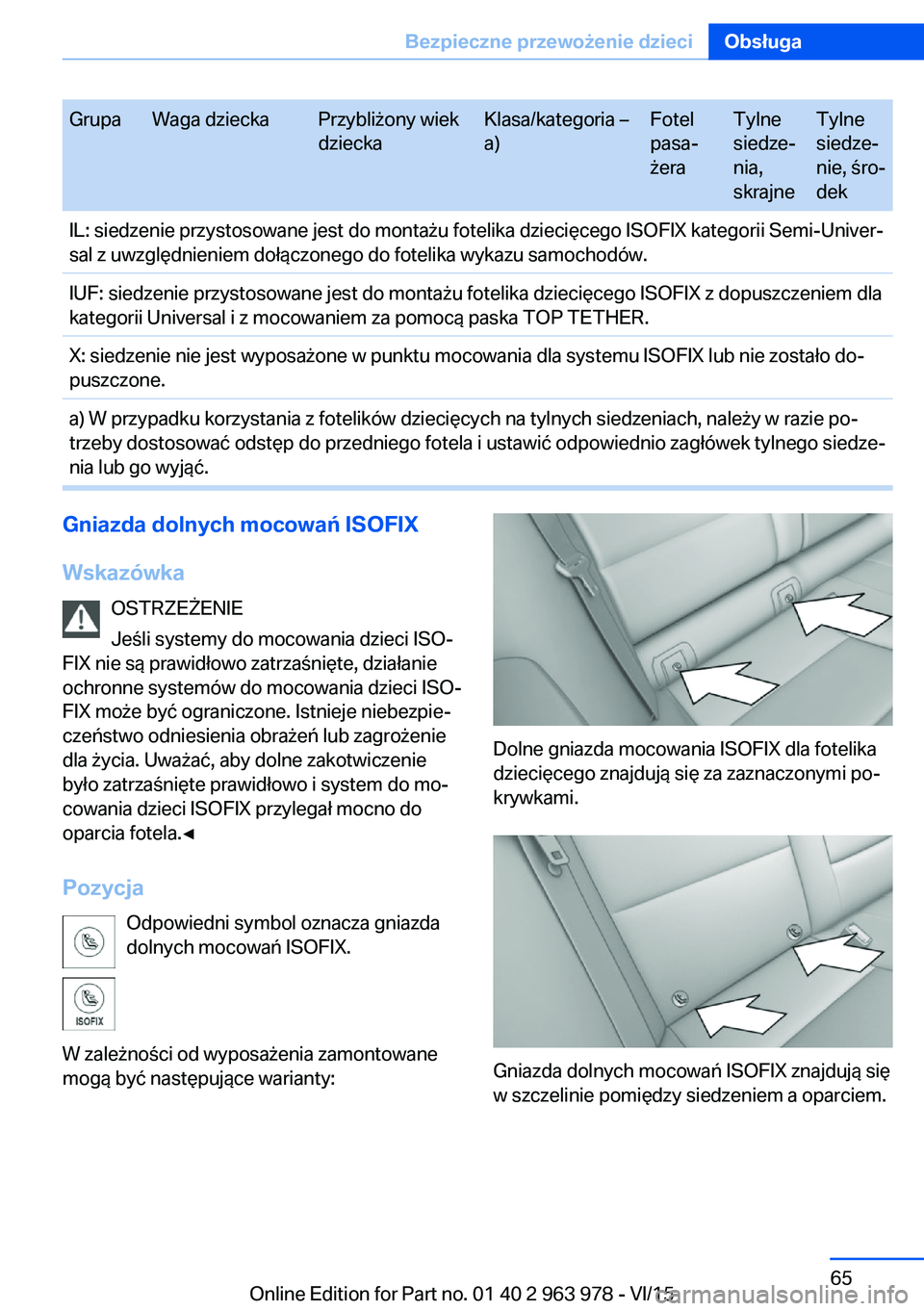 BMW 4 SERIES COUPE 2016 Instrukcja obsługi (in Polish) GrupaWaga dzieckaPrzybliżony wiek
dzieckaKlasa/kategoria –
a)Fotel
pasa‐
żeraTylne
siedze‐
nia,
skrajneTylne
siedze‐
nie, śro‐
dekIL: siedzenie przystosowane jest do montażu fotelika dzi BMW 4 SERIES COUPE 2016 Instrukcja obsługi (in Polish) GrupaWaga dzieckaPrzybliżony wiek
dzieckaKlasa/kategoria –
a)Fotel
pasa‐
żeraTylne
siedze‐
nia,
skrajneTylne
siedze‐
nie, śro‐
dekIL: siedzenie przystosowane jest do montażu fotelika dzi