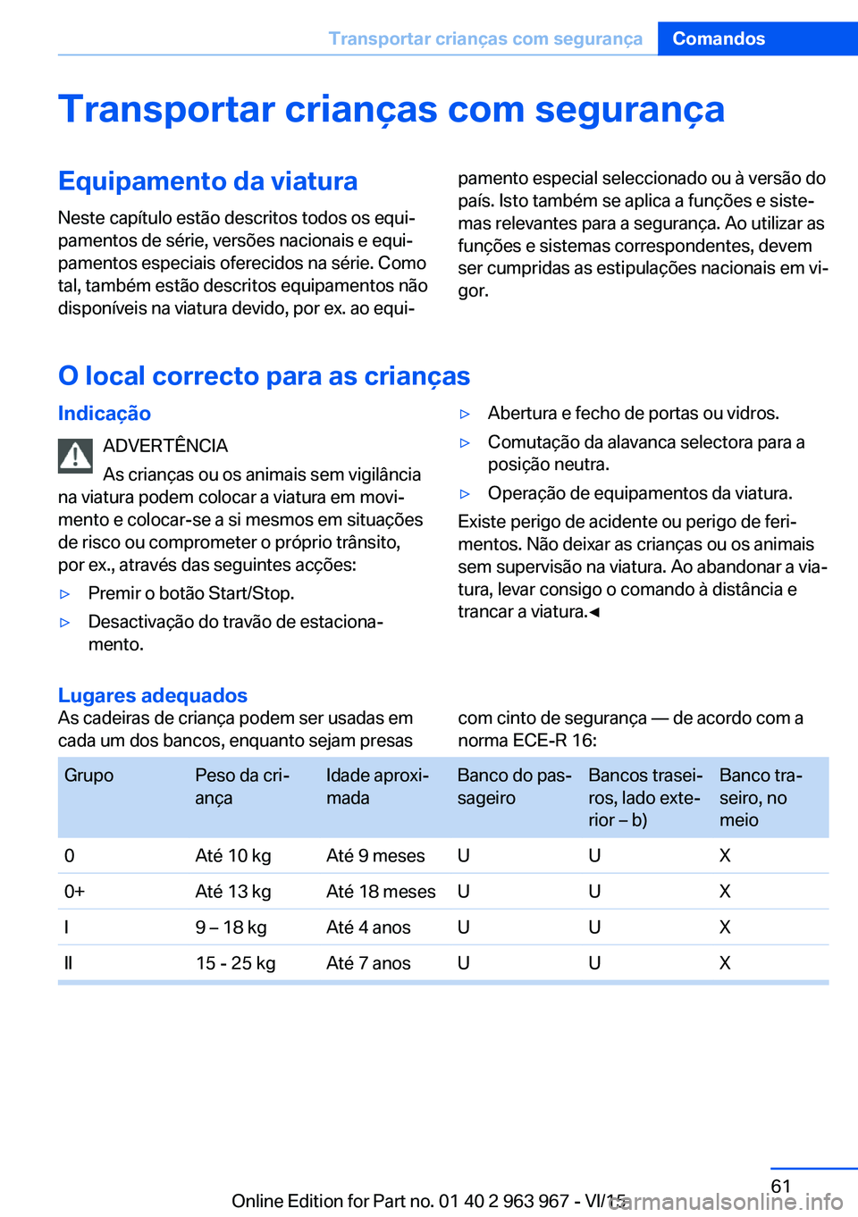 BMW 4 SERIES COUPE 2016 Manual do condutor (in Portuguese) Transportar crianças com segurançaEquipamento da viaturaNeste capítulo estão descritos todos os equi‐
pamentos de série, versões nacionais e equi‐
pamentos especiais oferecidos na série. Co BMW 4 SERIES COUPE 2016 Manual do condutor (in Portuguese) Transportar crianças com segurançaEquipamento da viaturaNeste capítulo estão descritos todos os equi‐
pamentos de série, versões nacionais e equi‐
pamentos especiais oferecidos na série. Co