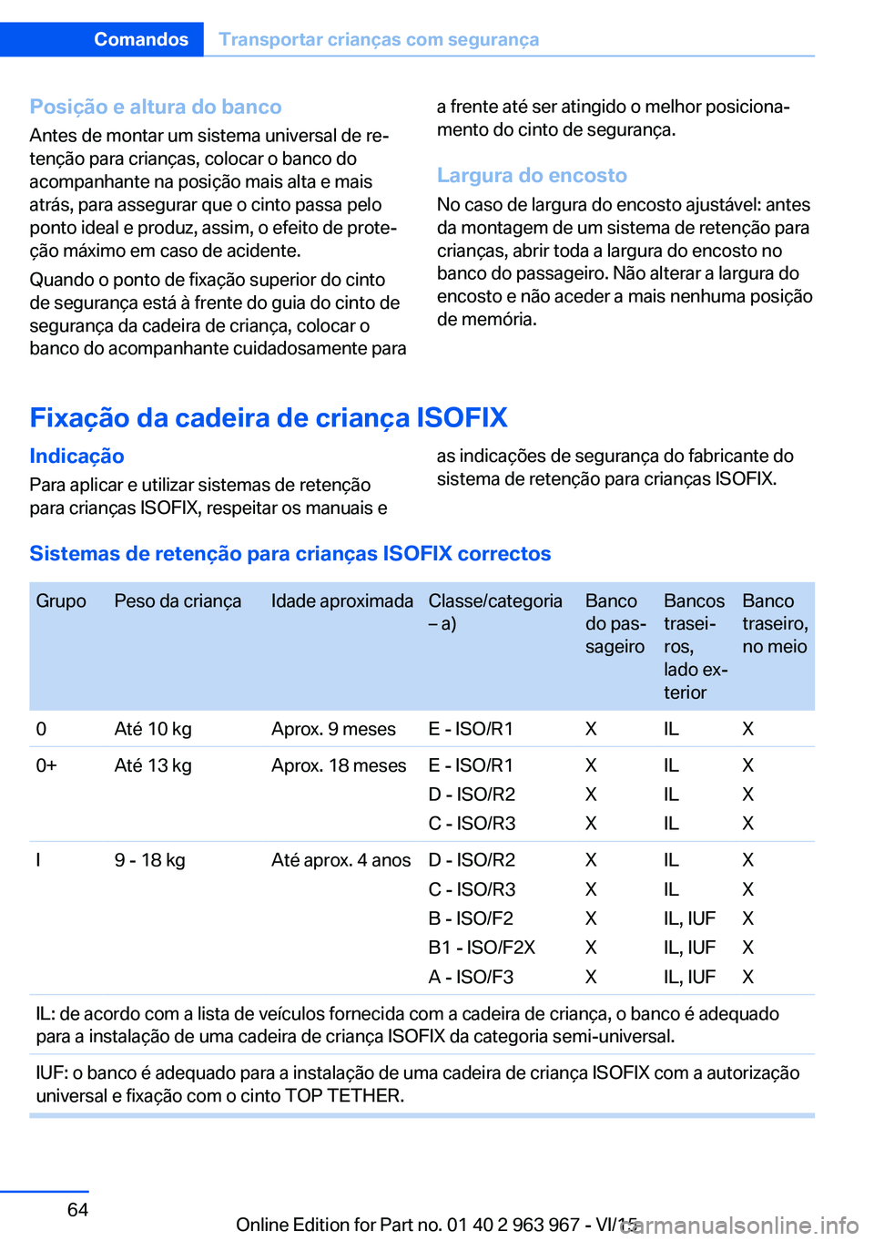 BMW 4 SERIES COUPE 2016 Manual do condutor (in Portuguese) Posição e altura do bancoAntes de montar um sistema universal de re‐
tenção para crianças, colocar o banco do
acompanhante na posição mais alta e mais
atrás, para assegurar que o cinto passa BMW 4 SERIES COUPE 2016 Manual do condutor (in Portuguese) Posição e altura do bancoAntes de montar um sistema universal de re‐
tenção para crianças, colocar o banco do
acompanhante na posição mais alta e mais
atrás, para assegurar que o cinto passa