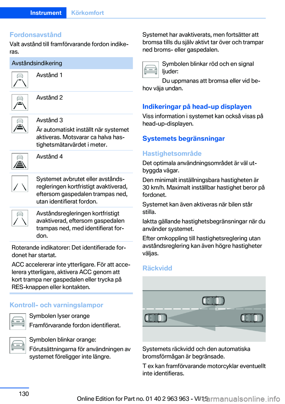 BMW 4 SERIES COUPE 2016 InstruktionsbÖcker (in Swedish) Fordonsavstånd
Valt avstånd till framförvarande fordon indike‐
ras.AvståndsindikeringAvstånd 1Avstånd 2Avstånd 3
Är automatiskt inställt när systemet
aktiveras. Motsvarar ca halva has‐
t BMW 4 SERIES COUPE 2016 InstruktionsbÖcker (in Swedish) Fordonsavstånd
Valt avstånd till framförvarande fordon indike‐
ras.AvståndsindikeringAvstånd 1Avstånd 2Avstånd 3
Är automatiskt inställt när systemet
aktiveras. Motsvarar ca halva has‐
t