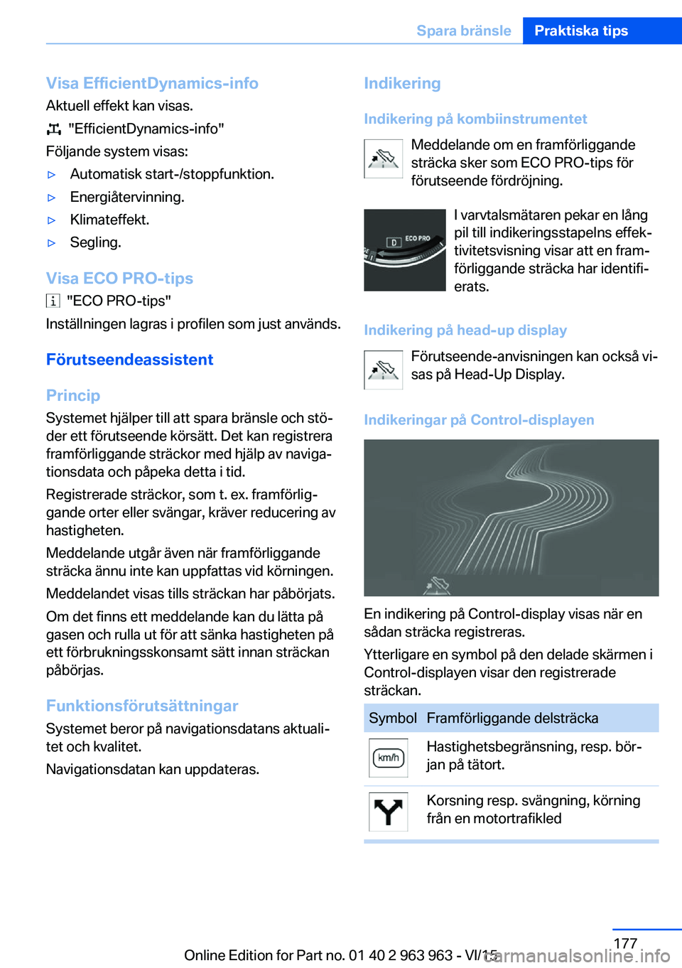BMW 4 SERIES COUPE 2016 InstruktionsbÖcker (in Swedish) Visa EfficientDynamics-info
Aktuell effekt kan visas.
"EfficientDynamics-info"
Följande system visas:
▷Automatisk start-/stoppfunktion.▷Energiåtervinning.▷Klimateffekt.▷Segling.
Vi BMW 4 SERIES COUPE 2016 InstruktionsbÖcker (in Swedish) Visa EfficientDynamics-info
Aktuell effekt kan visas.
"EfficientDynamics-info"
Följande system visas:
▷Automatisk start-/stoppfunktion.▷Energiåtervinning.▷Klimateffekt.▷Segling.
Vi