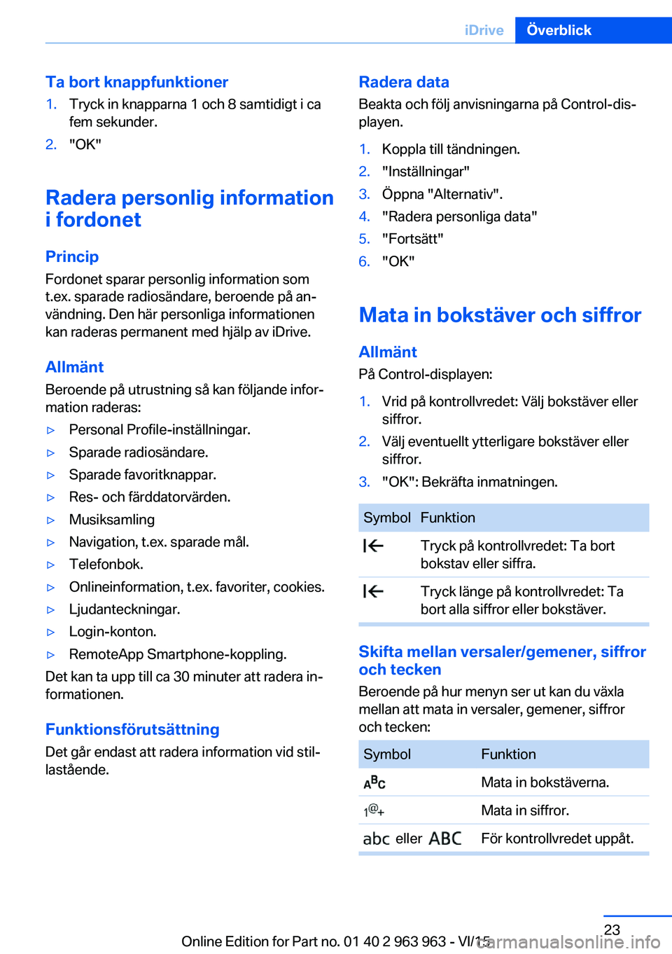 BMW 4 SERIES COUPE 2016 InstruktionsbÖcker (in Swedish) Ta bort knappfunktioner1.Tryck in knapparna 1 och 8 samtidigt i ca
fem sekunder.2."OK"
Radera personlig information
i fordonet
Princip
Fordonet sparar personlig information som
t.ex. sparade r BMW 4 SERIES COUPE 2016 InstruktionsbÖcker (in Swedish) Ta bort knappfunktioner1.Tryck in knapparna 1 och 8 samtidigt i ca
fem sekunder.2."OK"
Radera personlig information
i fordonet
Princip
Fordonet sparar personlig information som
t.ex. sparade r