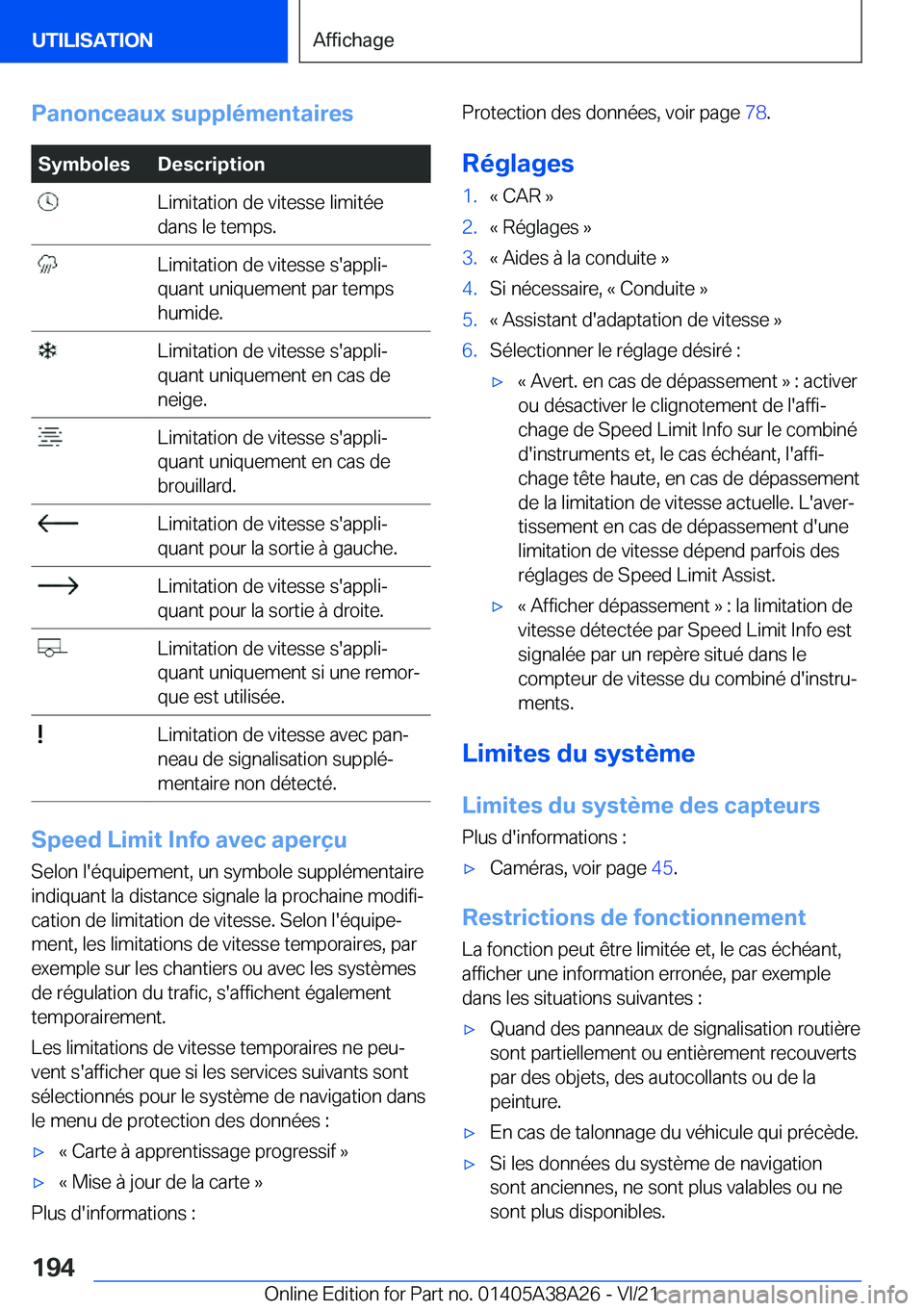 BMW 4 SERIES GRAN COUPE 2022  Notices Demploi (in French) �P�a�n�o�n�c�e�a�u�x��s�u�p�p�l�é�m�e�n�t�a�i�r�e�s�S�y�m�b�o�l�e�s�D�e�s�c�r�i�p�t�i�o�n��L�i�m�i�t�a�t�i�o�n��d�e��v�i�t�e�s�s�e��l�i�m�i�t�é�e
�d�a�n�s��l�e��t�e�m�p�s�.��L�i�m�i�t�a�t�i�