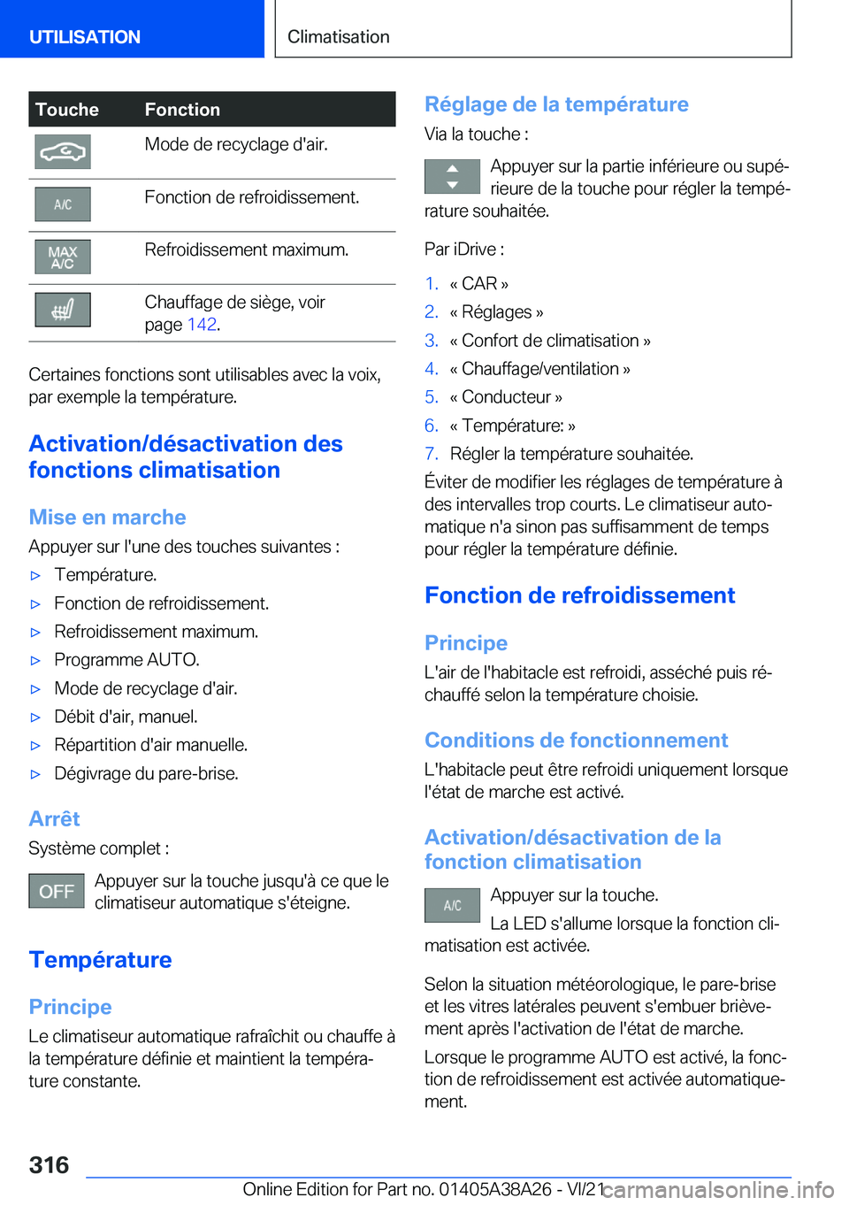 BMW 4 SERIES GRAN COUPE 2022  Notices Demploi (in French) �T�o�u�c�h�e�F�o�n�c�t�i�o�n�M�o�d�e��d�e��r�e�c�y�c�l�a�g�e��d�'�a�i�r�.�F�o�n�c�t�i�o�n��d�e��r�e�f�r�o�i�d�i�s�s�e�m�e�n�t�.�R�e�f�r�o�i�d�i�s�s�e�m�e�n�t��m�a�x�i�m�u�m�.�C�h�a�u�f�f�a�g