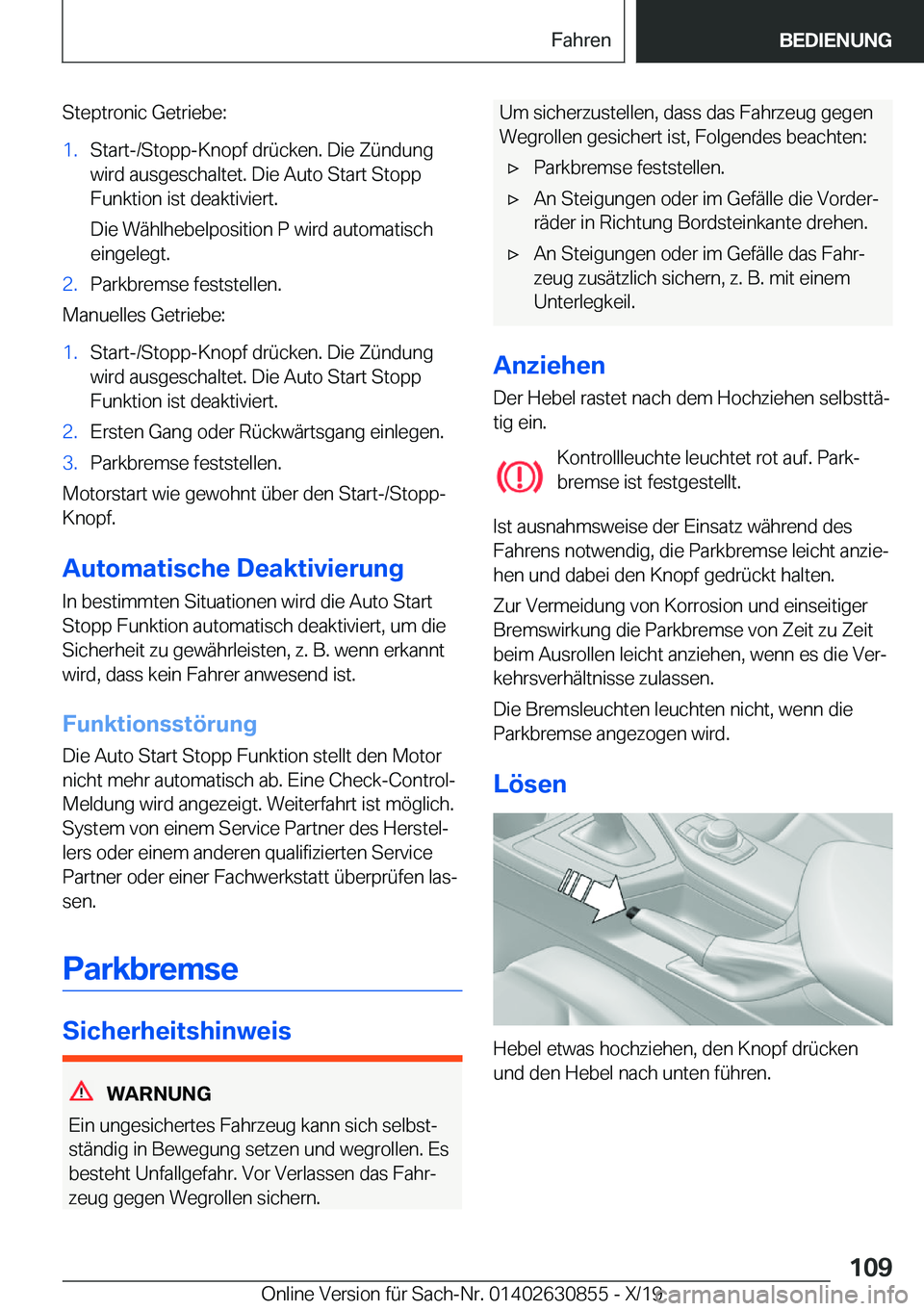 BMW 4 SERIES GRAN COUPE 2020  Betriebsanleitungen (in German) �S�t�e�p�t�r�o�n�i�c��G�e�t�r�i�e�b�e�:�1�.�S�t�a�r�t�-�/�S�t�o�p�p�-�K�n�o�p�f��d�r�