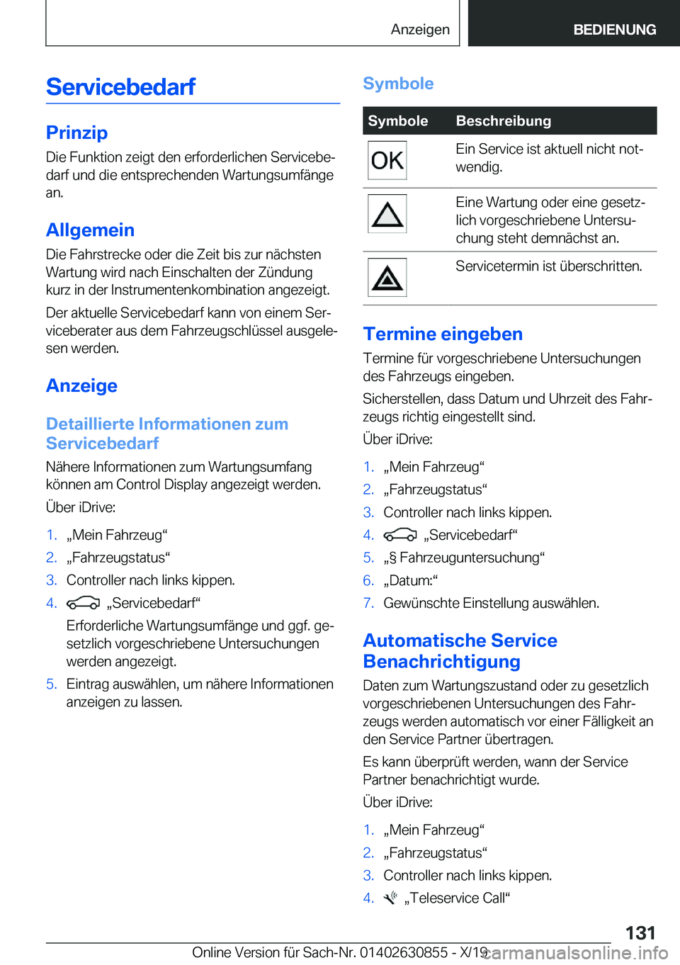 BMW 4 SERIES GRAN COUPE 2020  Betriebsanleitungen (in German) �S�e�r�v�i�c�e�b�e�d�a�r�f
�P�r�i�n�z�i�p
�D�i�e��F�u�n�k�t�i�o�n��z�e�i�g�t��d�e�n��e�r�f�o�r�d�e�r�l�i�c�h�e�n��S�e�r�v�i�c�e�b�ej �d�a�r�f��u�n�d��d�i�e��e�n�t�s�p�r�e�c�h�e�n�d�e�n��W�a�