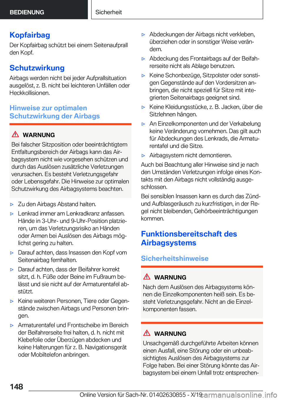 BMW 4 SERIES GRAN COUPE 2020  Betriebsanleitungen (in German) �K�o�p�f�a�i�r�b�a�g�D�e�r��K�o�p�f�a�i�r�b�a�g��s�c�h�