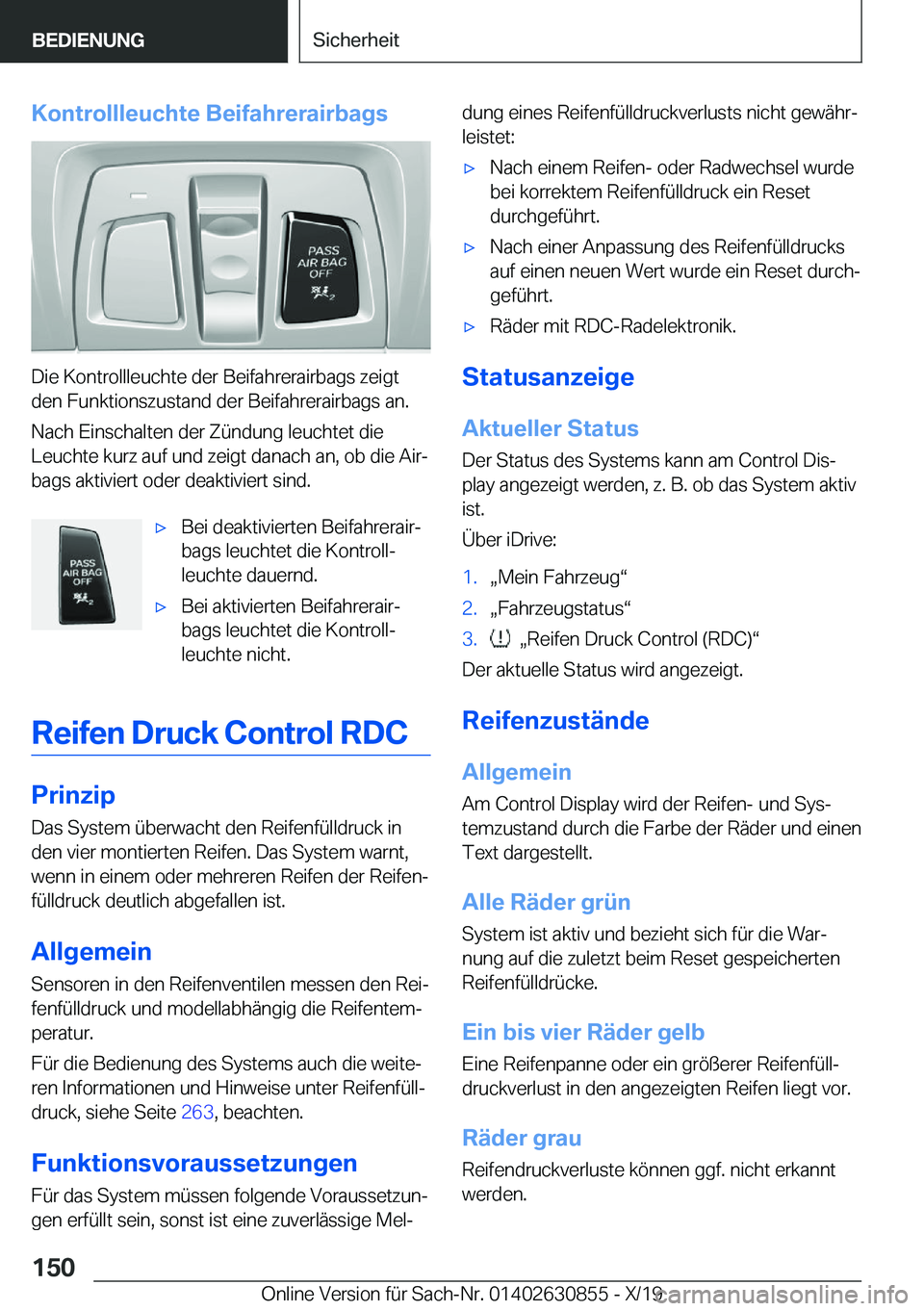 BMW 4 SERIES GRAN COUPE 2020  Betriebsanleitungen (in German) �K�o�n�t�r�o�l�l�l�e�u�c�h�t�e��B�e�i�f�a�h�r�e�r�a�i�r�b�a�g�s
�D�i�e��K�o�n�t�r�o�l�l�l�e�u�c�h�t�e��d�e�r��B�e�i�f�a�h�r�e�r�a�i�r�b�a�g�s��z�e�i�g�t
�d�e�n��F�u�n�k�t�i�o�n�s�z�u�s�t�a�n�d�