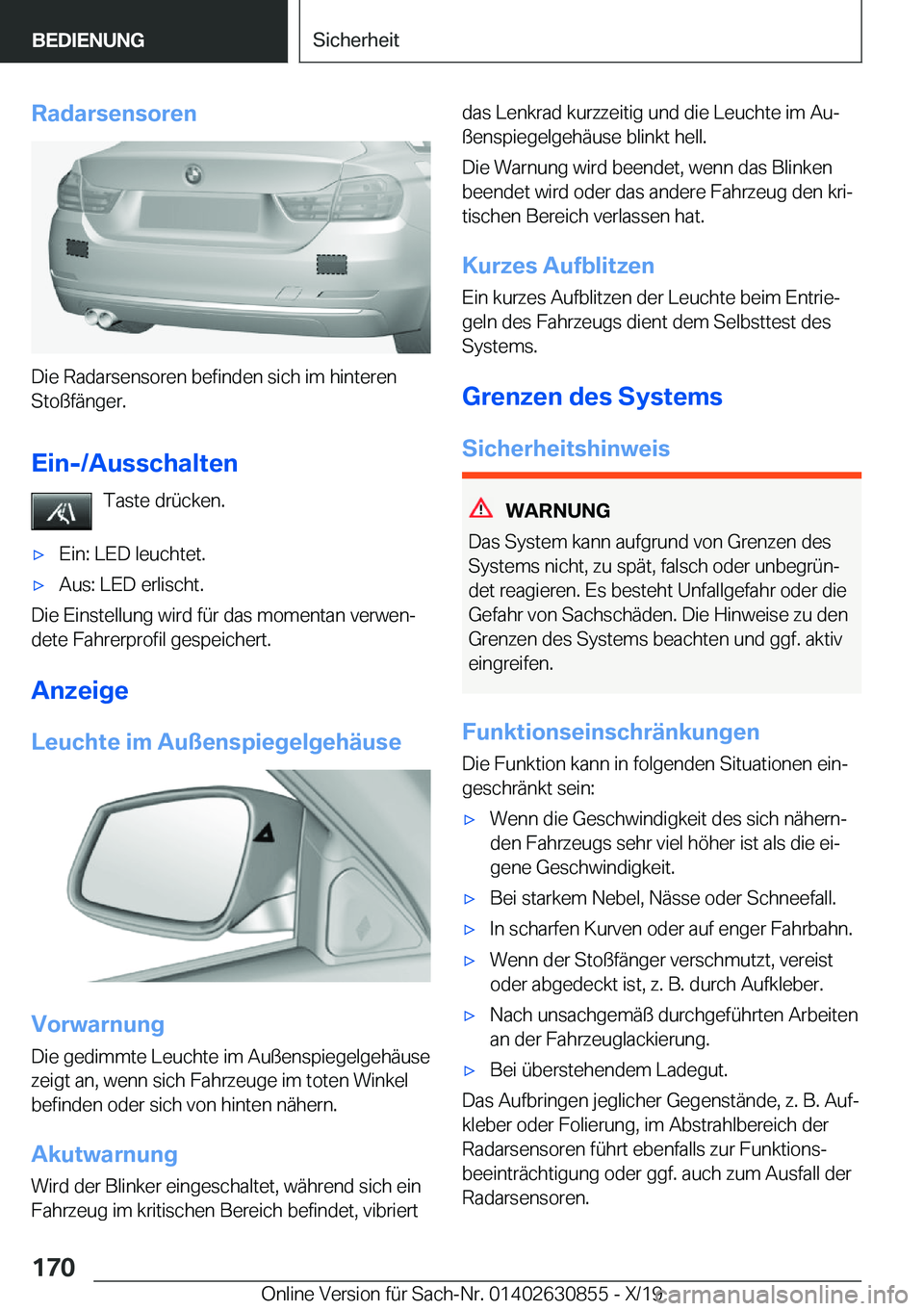 BMW 4 SERIES GRAN COUPE 2020  Betriebsanleitungen (in German) �R�a�d�a�r�s�e�n�s�o�r�e�n
�D�i�e��R�a�d�a�r�s�e�n�s�o�r�e�n��b�e�f�i�n�d�e�n��s�i�c�h��i�m��h�i�n�t�e�r�e�n
�S�t�o�