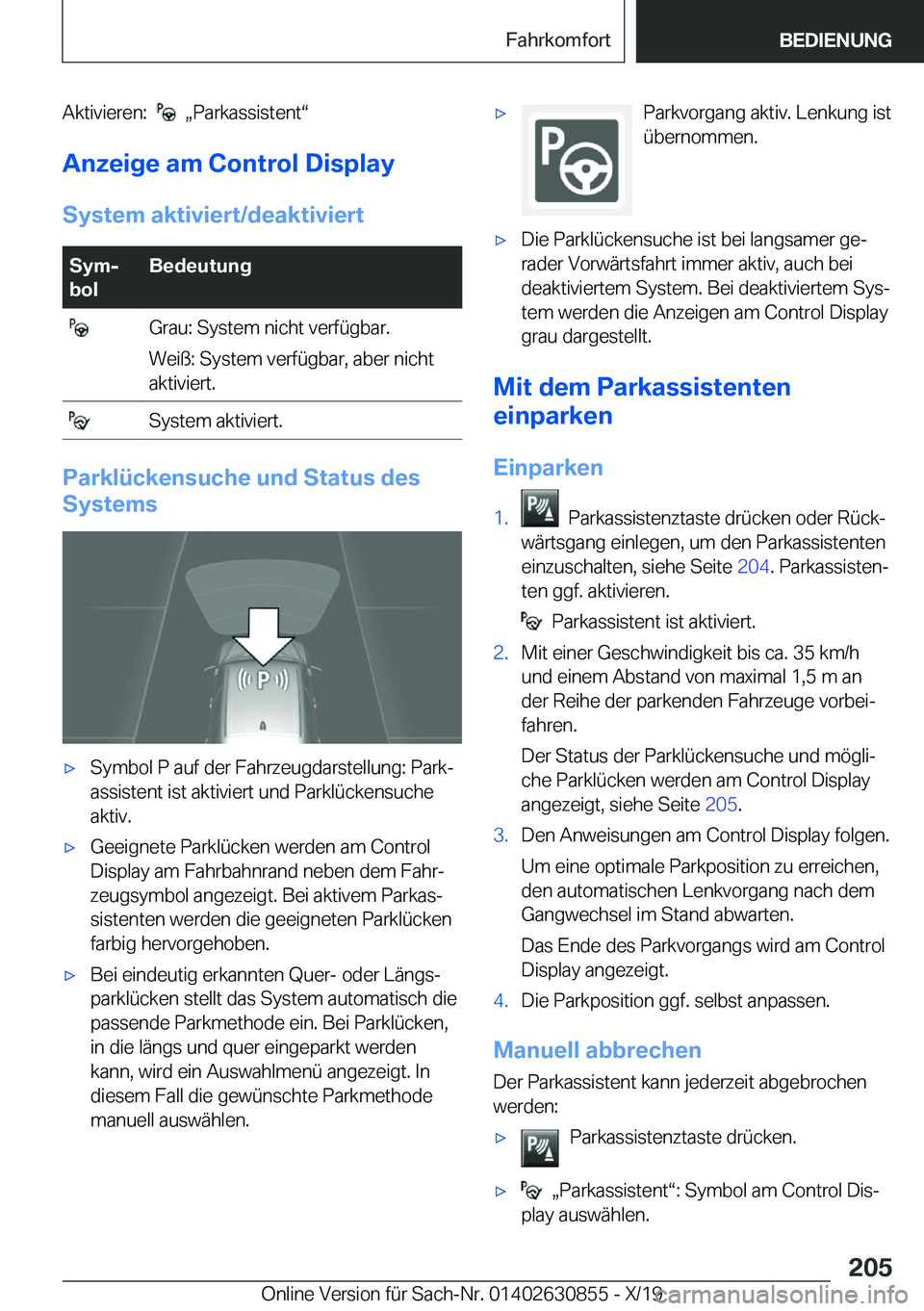 BMW 4 SERIES GRAN COUPE 2020  Betriebsanleitungen (in German) �A�k�t�i�v�i�e�r�e�n�:����x�P�a�r�k�a�s�s�i�s�t�e�n�tv
�A�n�z�e�i�g�e��a�m��C�o�n�t�r�o�l��D�i�s�p�l�a�y
�S�y�s�t�e�m��a�k�t�i�v�i�e�r�t�/�d�e�a�k�t�i�v�i�e�r�t�S�y�mj
�b�o�l�B�e�d�e�u�t�u�
