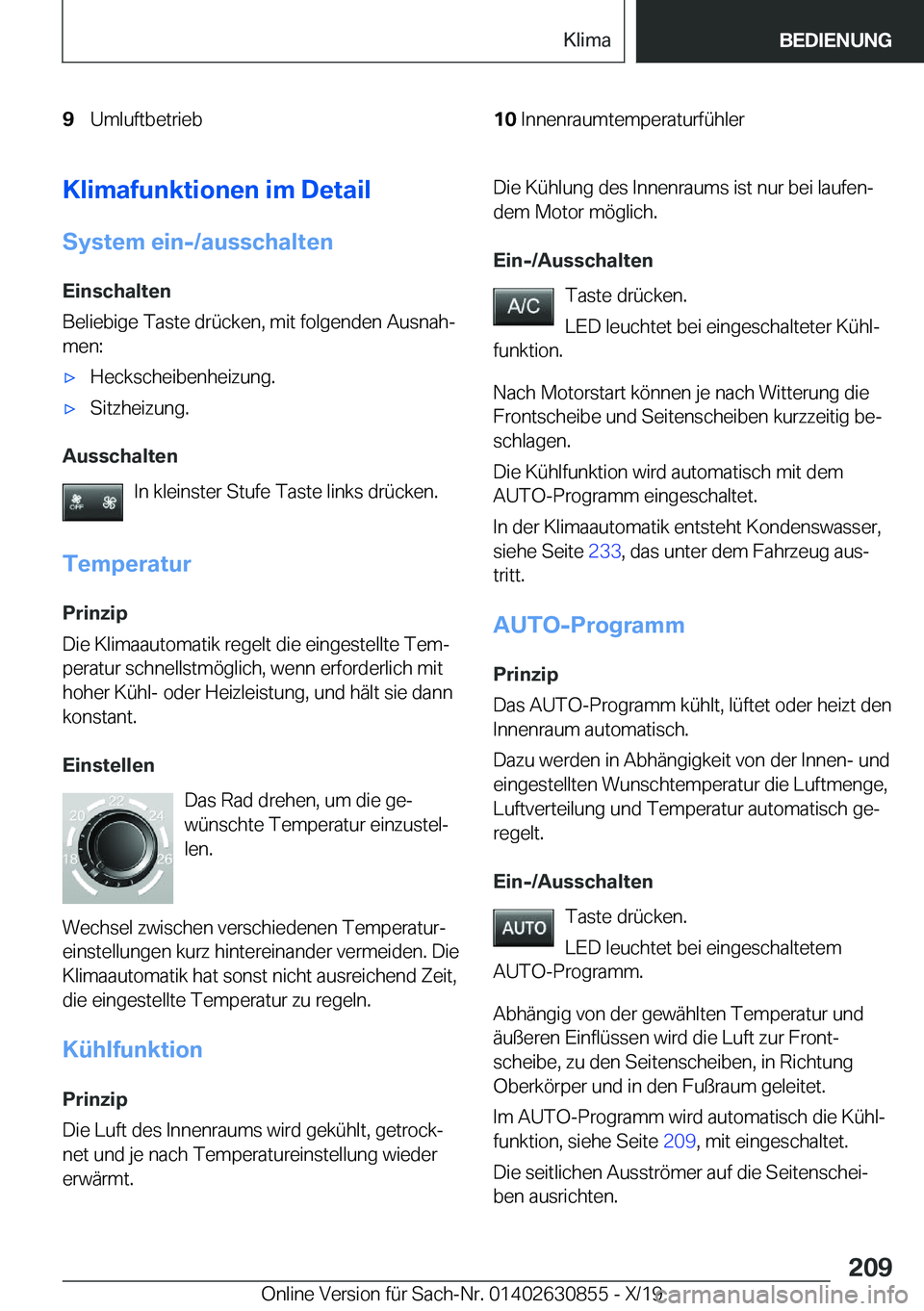 BMW 4 SERIES GRAN COUPE 2020  Betriebsanleitungen (in German) �9�U�m�l�u�f�t�b�e�t�r�i�e�b�1�0�I�n�n�e�n�r�a�u�m�t�e�m�p�e�r�a�t�u�r�f�