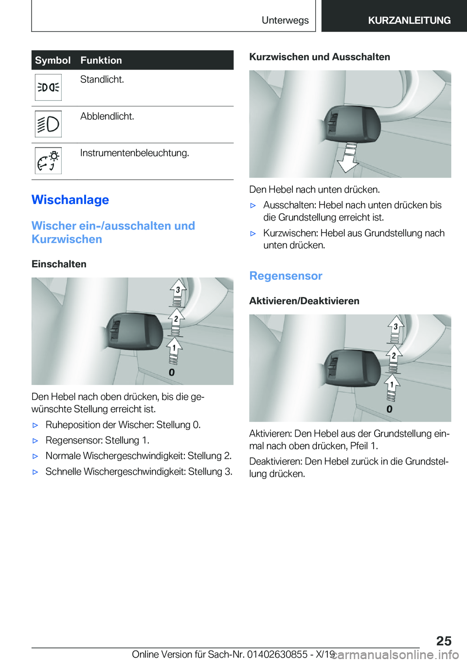 BMW 4 SERIES GRAN COUPE 2020  Betriebsanleitungen (in German) �S�y�m�b�o�l�F�u�n�k�t�i�o�n�S�t�a�n�d�l�i�c�h�t�.�A�b�b�l�e�n�d�l�i�c�h�t�.�I�n�s�t�r�u�m�e�n�t�e�n�b�e�l�e�u�c�h�t�u�n�g�.
�W�i�s�c�h�a�n�l�a�g�e
�W�i�s�c�h�e�r��e�i�n�-�/�a�u�s�s�c�h�a�l�t�e�n��u