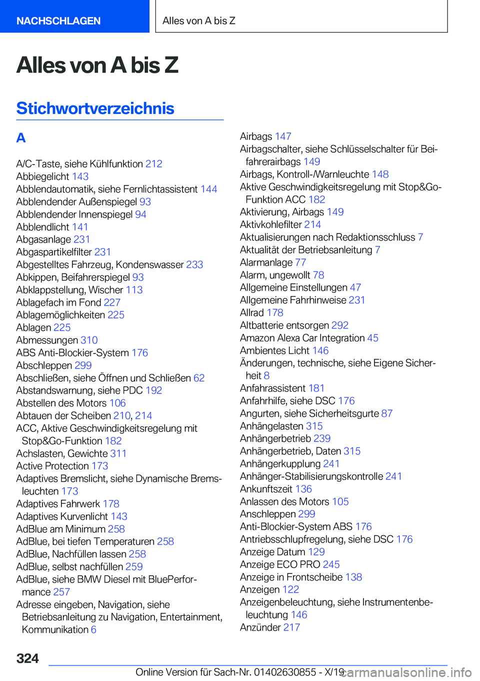 BMW 4 SERIES GRAN COUPE 2020  Betriebsanleitungen (in German) �A�l�l�e�s��v�o�n��A��b�i�s��;
�S�t�i�c�h�w�o�r�t�v�e�r�z�e�i�c�h�n�i�s�A �A�/�C�-�T�a�s�t�e�,��s�i�e�h�e��K�