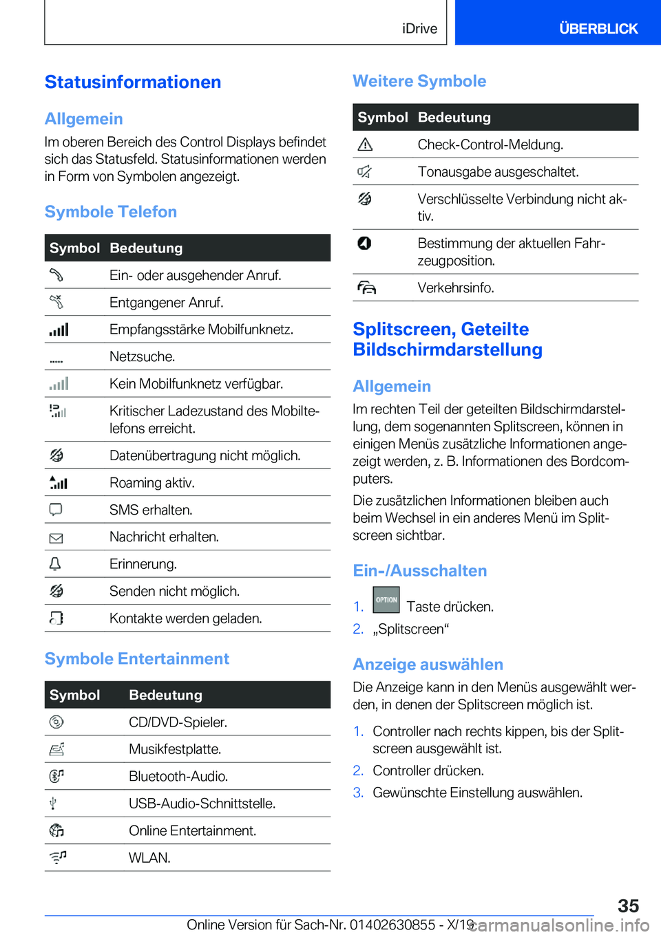 BMW 4 SERIES GRAN COUPE 2020  Betriebsanleitungen (in German) �S�t�a�t�u�s�i�n�f�o�r�m�a�t�i�o�n�e�n�A�l�l�g�e�m�e�i�n
�I�m��o�b�e�r�e�n��B�e�r�e�i�c�h��d�e�s��C�o�n�t�r�o�l��D�i�s�p�l�a�y�s��b�e�f�i�n�d�e�t
�s�i�c�h��d�a�s��S�t�a�t�u�s�f�e�l�d�.��S�t�a