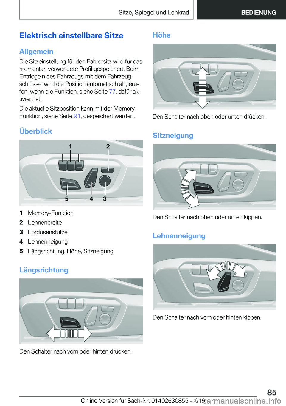 BMW 4 SERIES GRAN COUPE 2020  Betriebsanleitungen (in German) �E�l�e�k�t�r�i�s�c�h��e�i�n�s�t�e�l�l�b�a�r�e��S�i�t�z�e
�A�l�l�g�e�m�e�i�n �D�i�e��S�i�t�z�e�i�n�s�t�e�l�l�u�n�g��f�