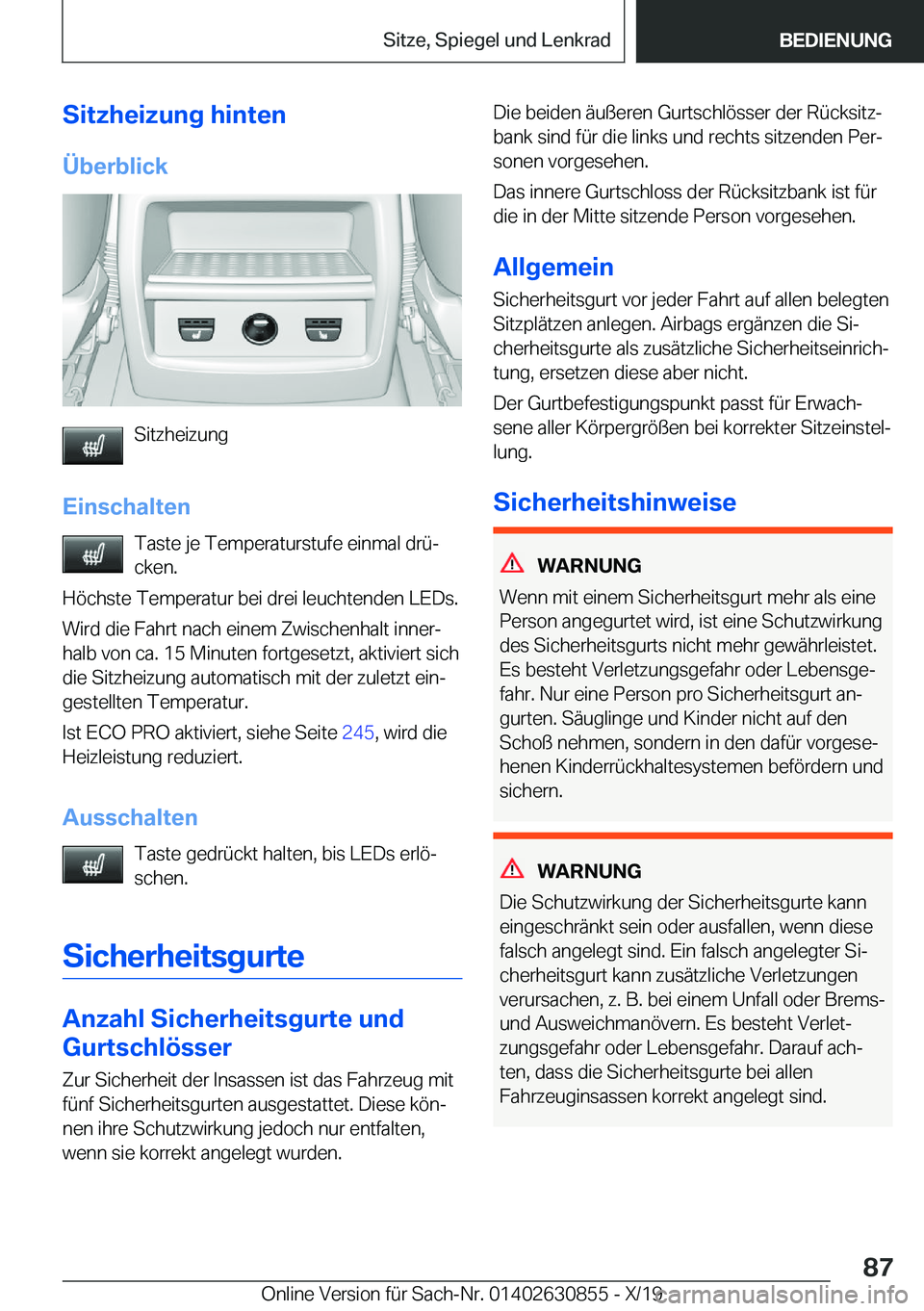 BMW 4 SERIES GRAN COUPE 2020  Betriebsanleitungen (in German) �S�i�t�z�h�e�i�z�u�n�g��h�i�n�t�e�n�